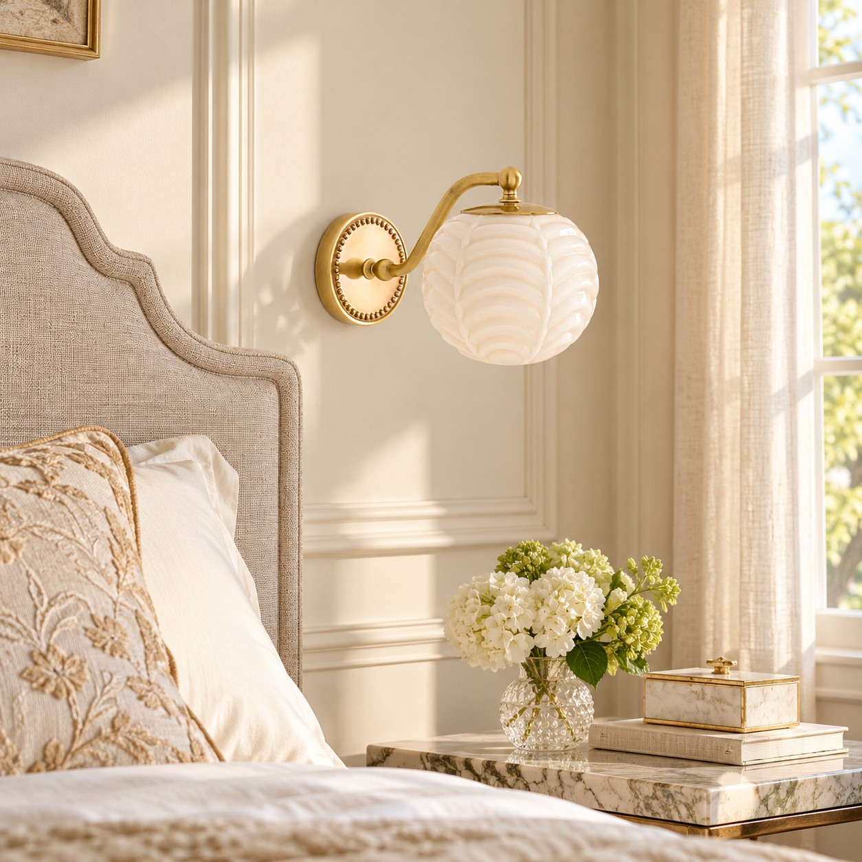 Cream ribbed glass wall sconce beside a linen headboard and marble nightstand