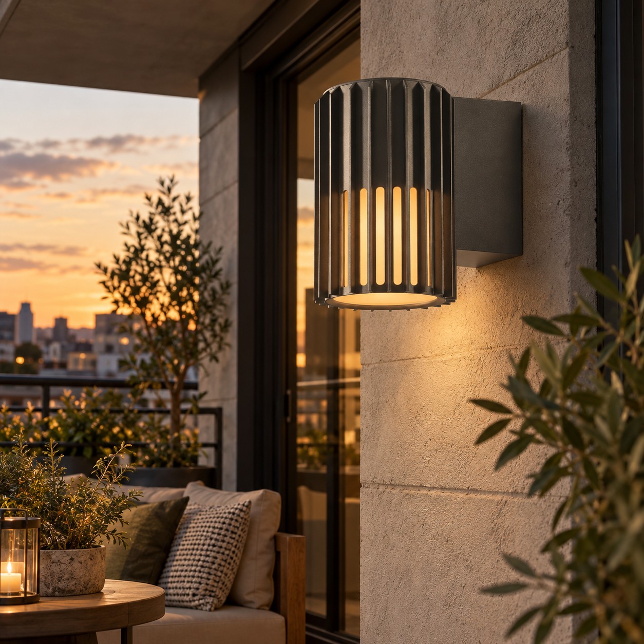 Al crepuscolo, una lampada a sospensione nera a coste illumina un pilastro del balcone accanto a un tavolo da esterno.