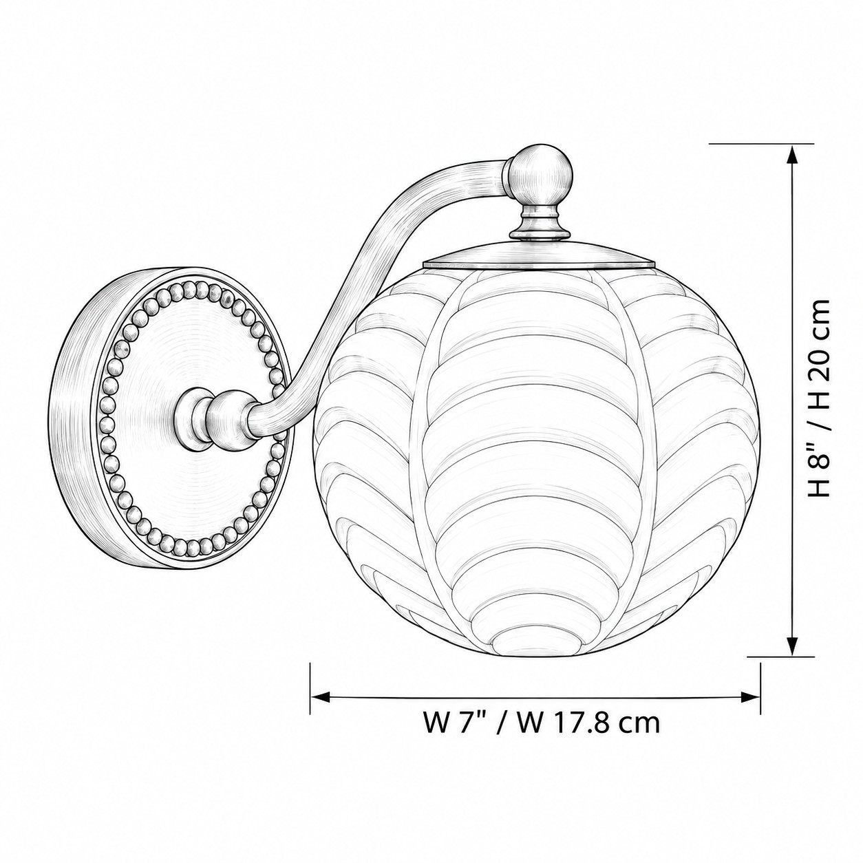 Wall sconce dimensions, 8 inches high and a 7 inch shade width