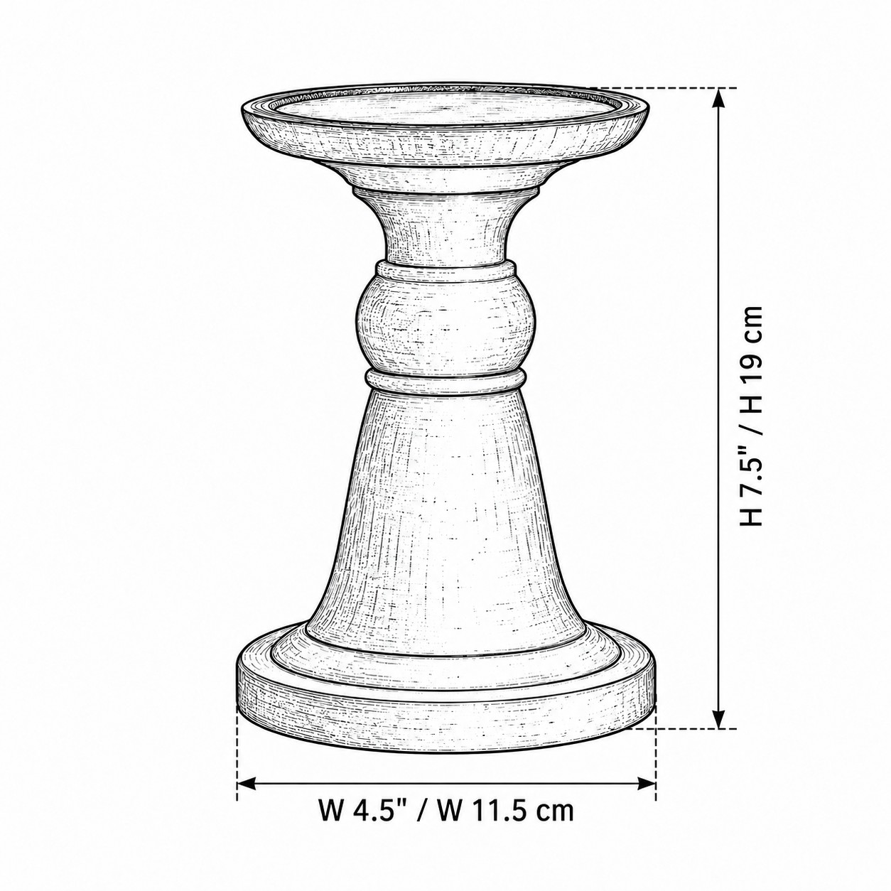 高さ19 cmの黒い木のキャンドルホルダーの寸法図、直径11.5 cm