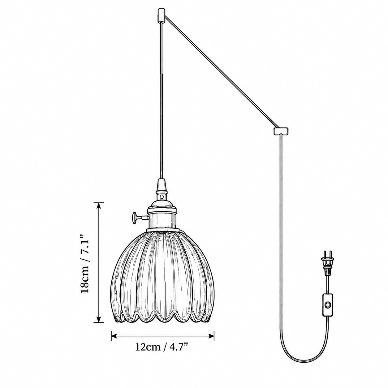 Flower glass shade dimensions: diameter 12 cm / 4.7 inches and height 18 cm / 7.1 inches; external cord with inline switch and plug