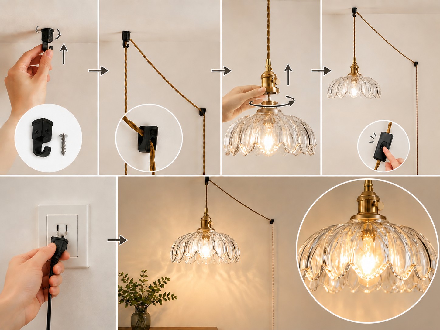 Illustrated plug-in flower pendant installation sequence