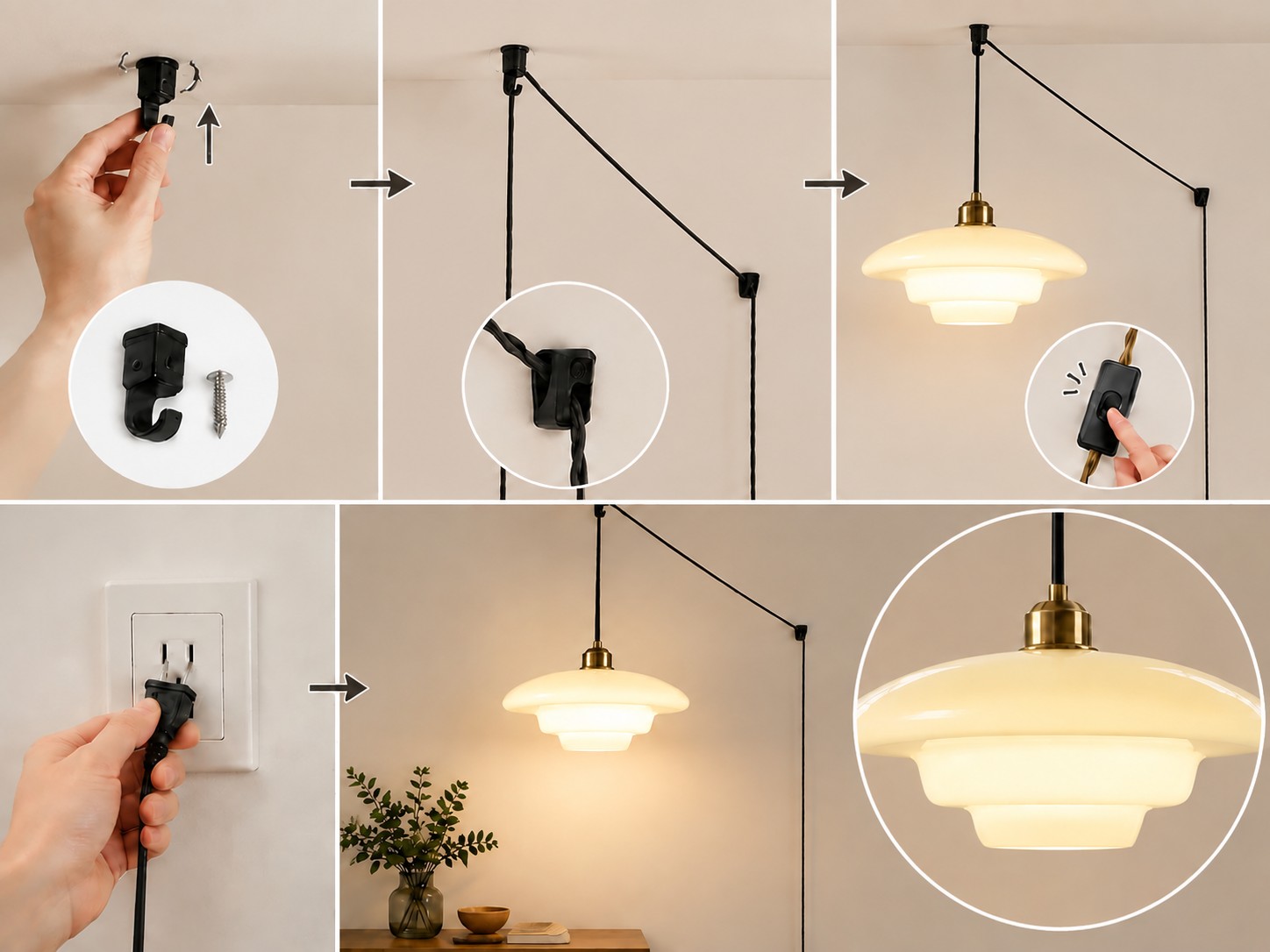 Pendant installation overview showing hanging hooks, shade assembly, plug connection and inline switch