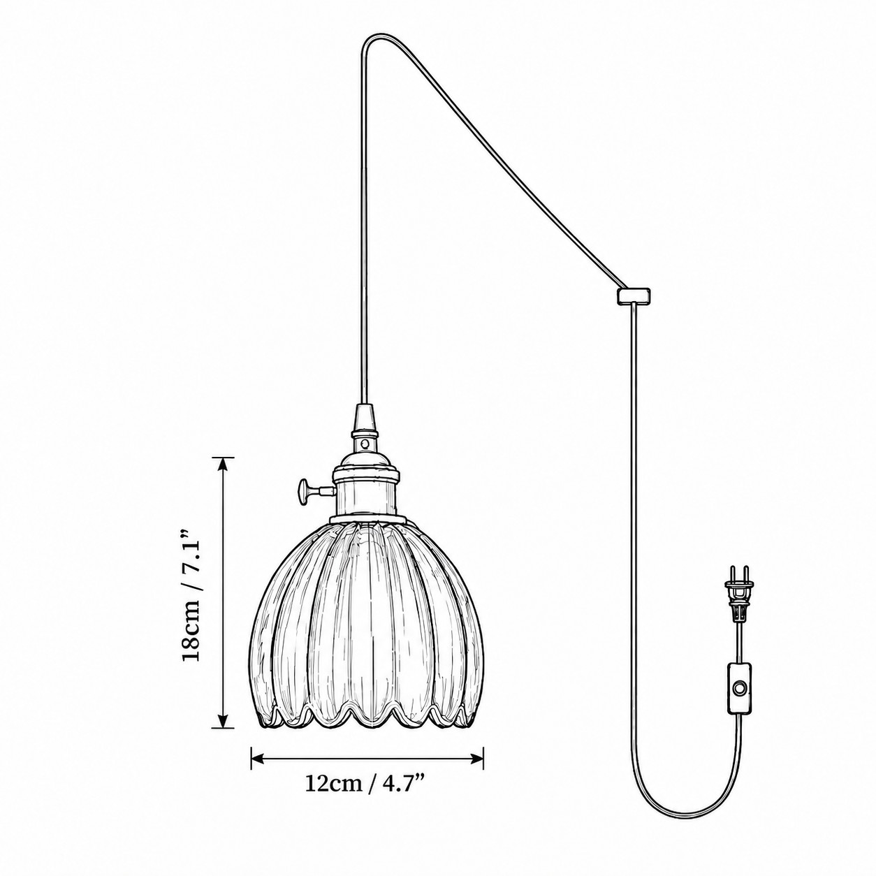 Dimensiones de la pantalla de cristal de flores: diámetro 12 cm / 4,7 pulgadas y altura 18 cm / 7,1 pulgadas; Cable externo con interruptor en línea y enchufe.