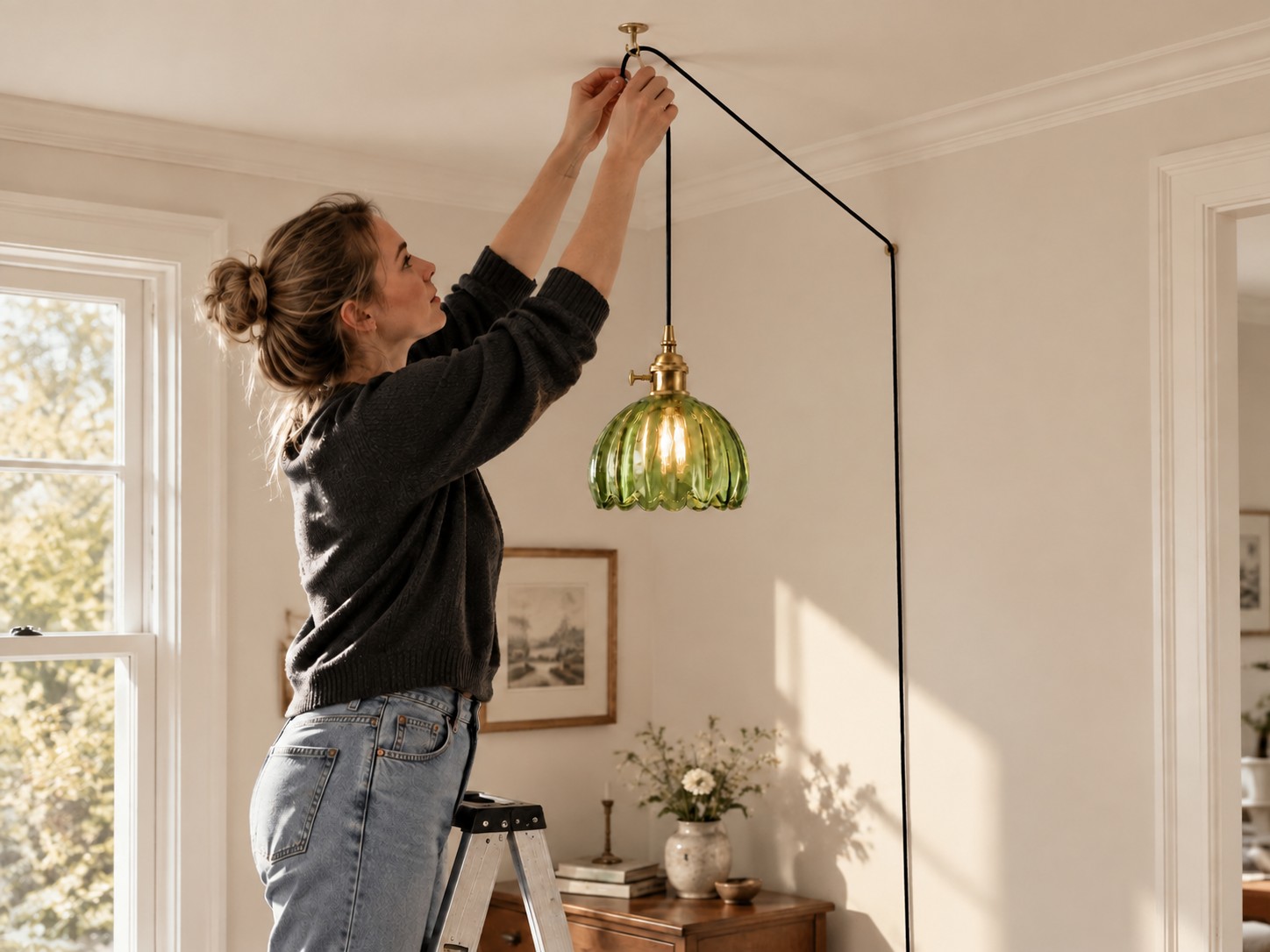 Descripción general de la instalación del colgante de cristal con forma de flor verde, que muestra los soportes para colgar, la fijación de la pantalla, el interruptor en línea y la conexión enchufable