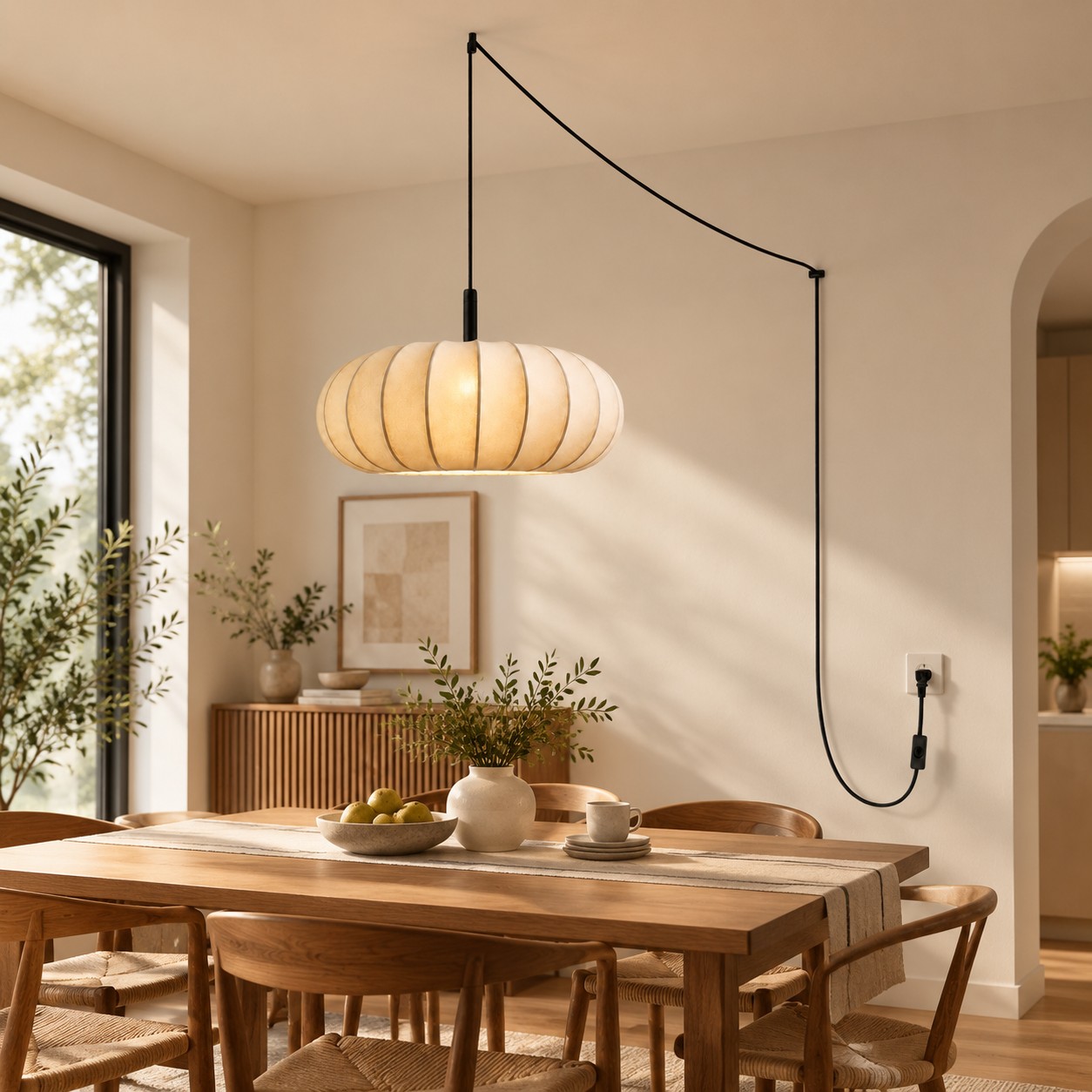 Lampa wisząca z wtyczką nad drewnianym stołem jadalnym