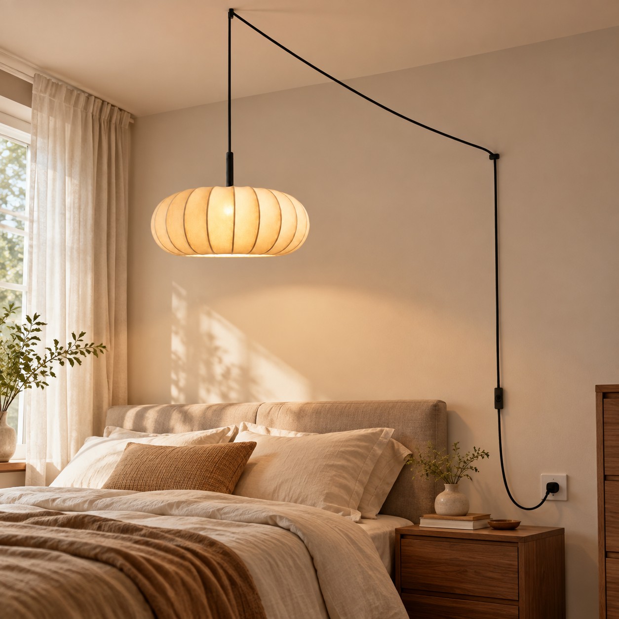 Wtykowa lampa wisząca tworząca delikatne światło obok łóżka