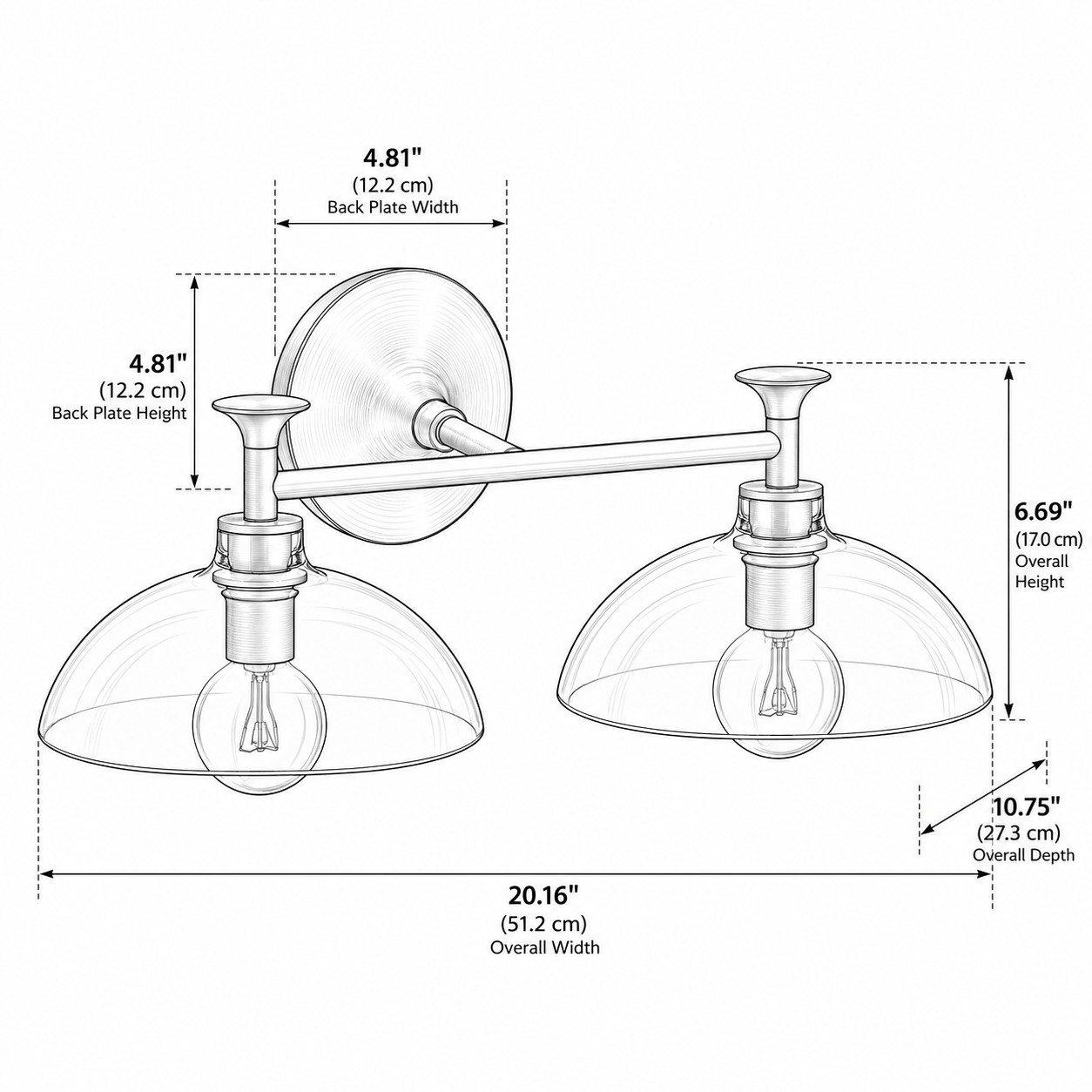 Diagramma delle dimensioni della lampada a 2 luci, larga 20.16 in