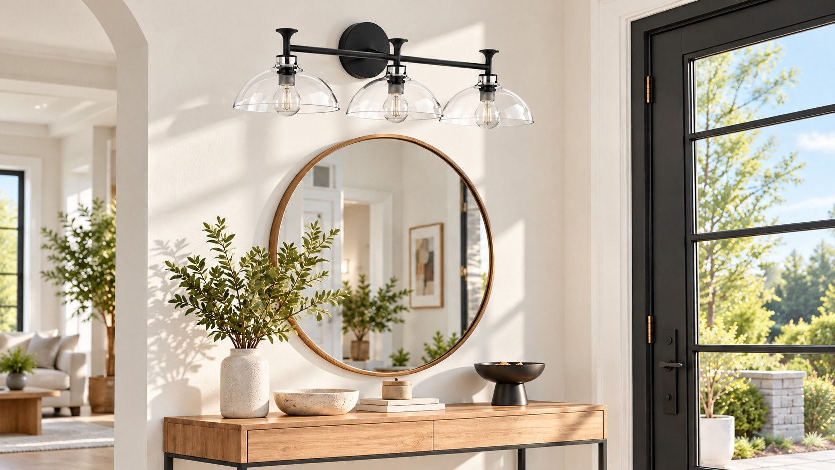 Lampada da parete a tre luci sopra uno specchio d’ingresso, luce spenta