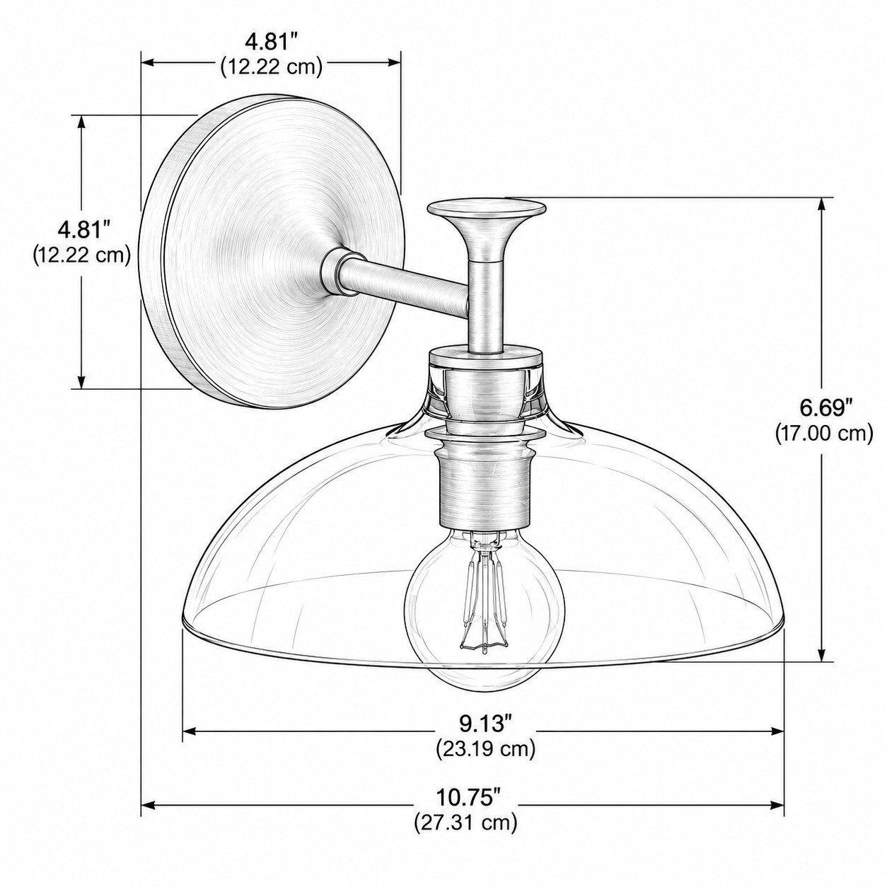 diagramma quotato della lampada a 1 luce, paralume 9.13 in, profondità 10.75 in