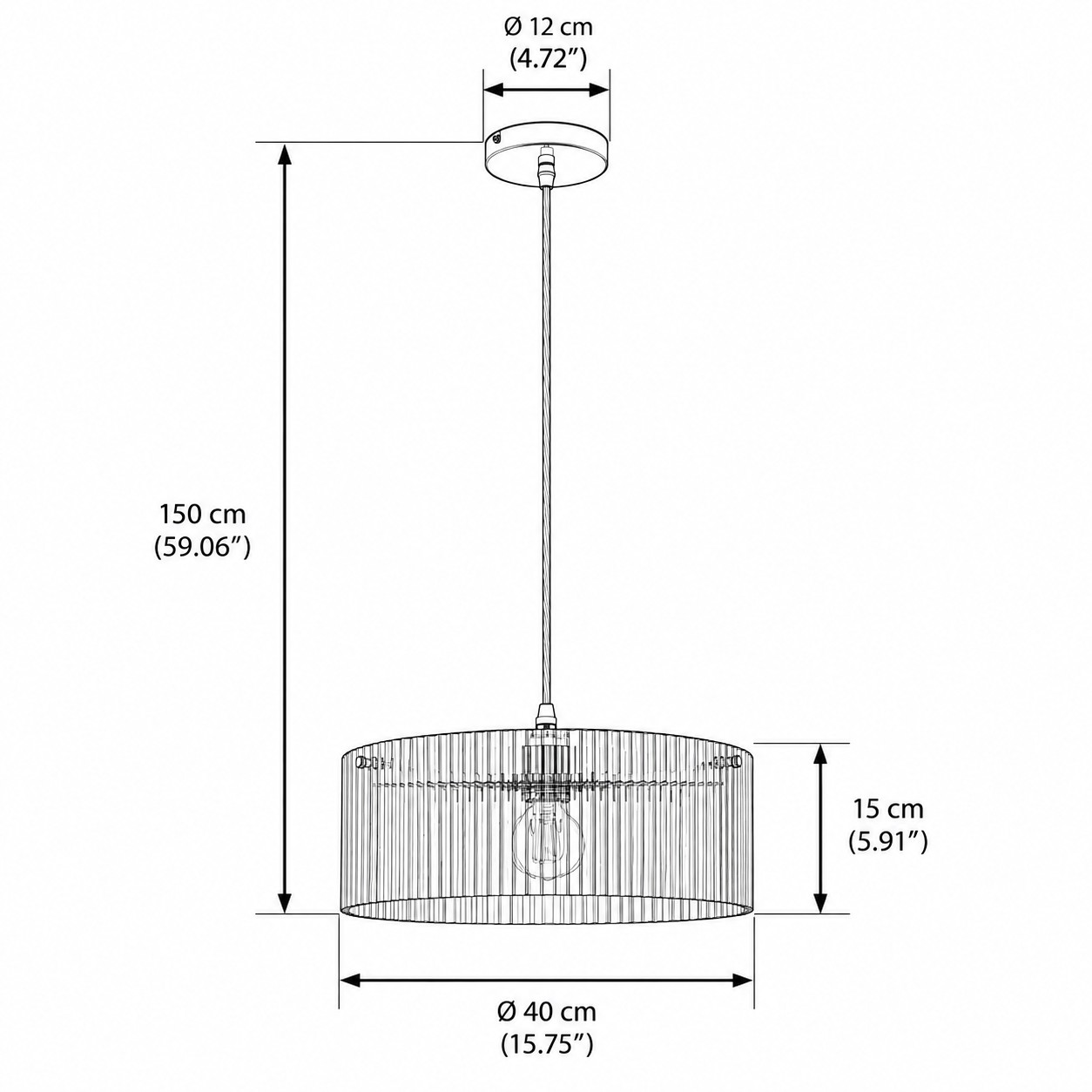 Schéma rozměrů, stropní krytka 12 cm, závěs 150 cm, průměr stínidla 40 cm, výška 15 cm
