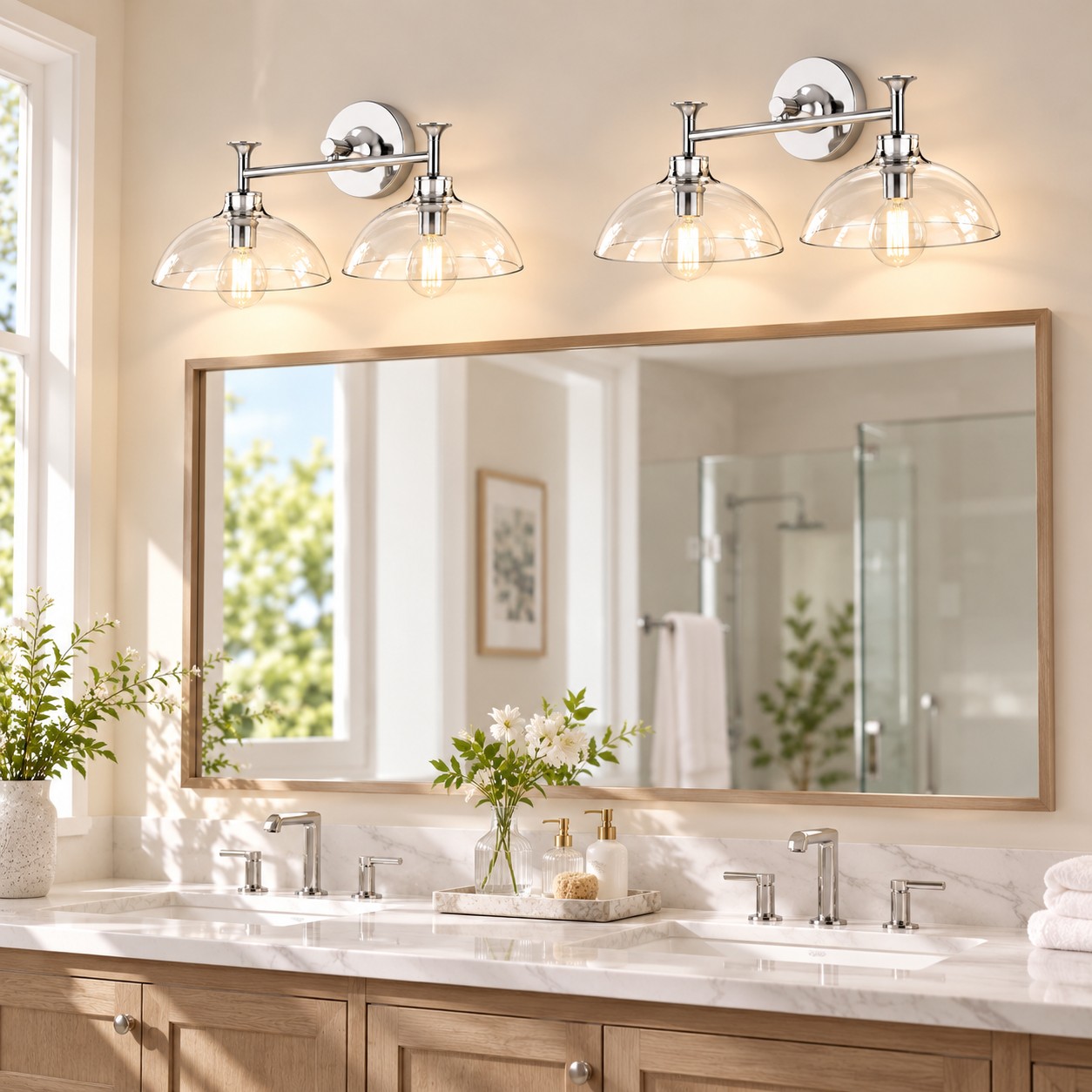 Lampade da parete cromate sopra un mobile con doppio lavabo