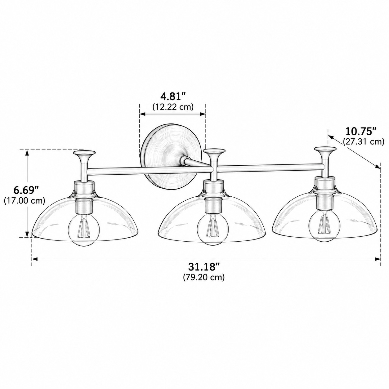 Schema delle dimensioni della lampada a 3 luci, larga 31.18 in