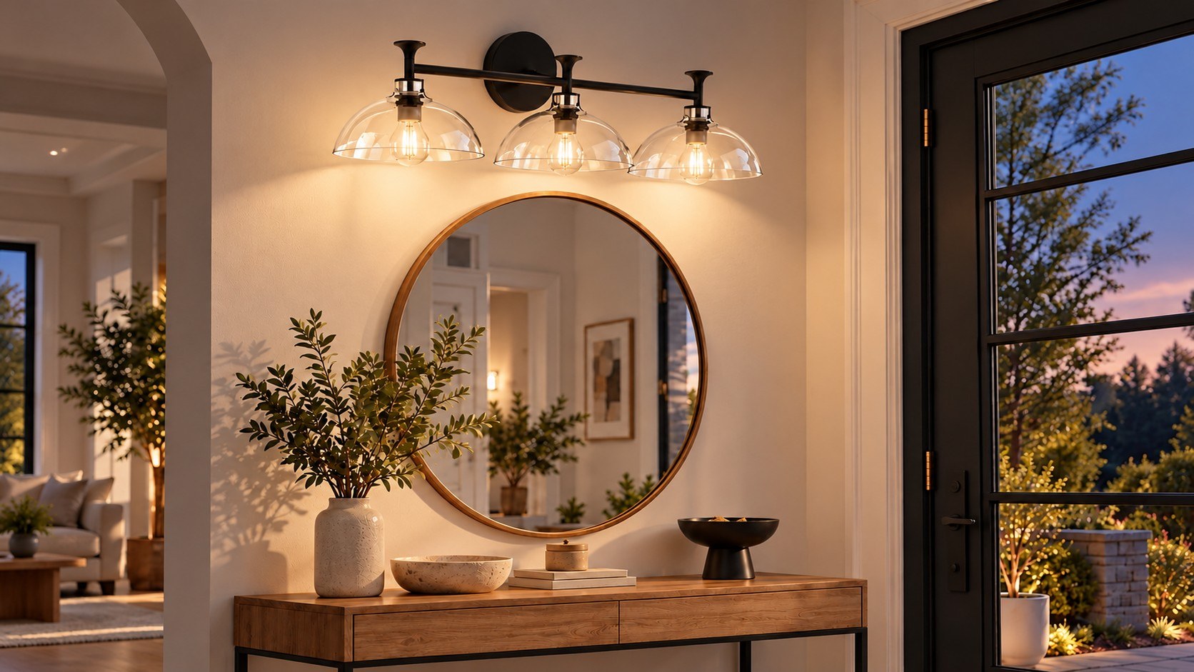 Lampada da parete a tre luci sopra uno specchio d’ingresso, luce accesa