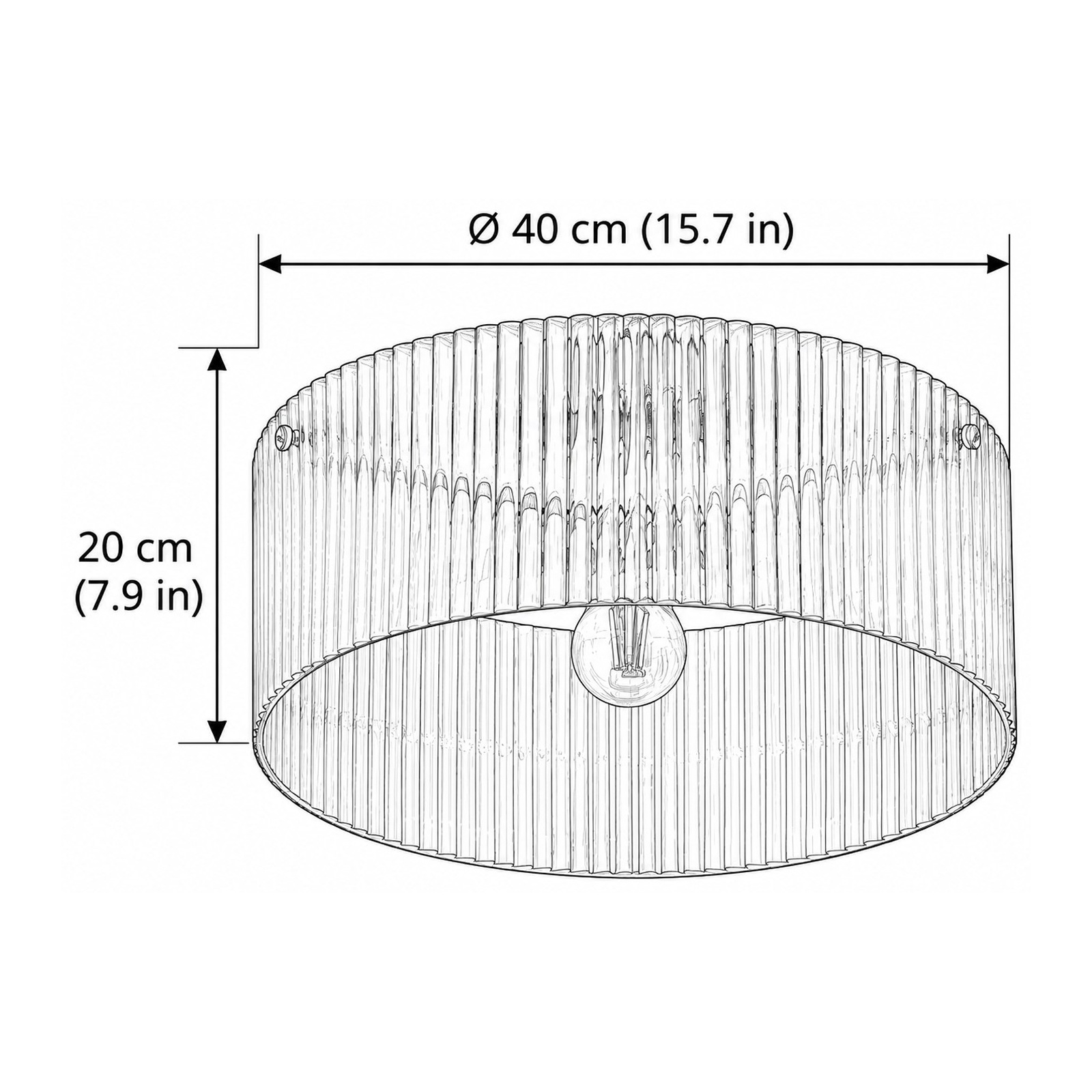 Technický výkres: průměr 40 cm, 15.7 inches; výška 20 cm, 7.9 inches