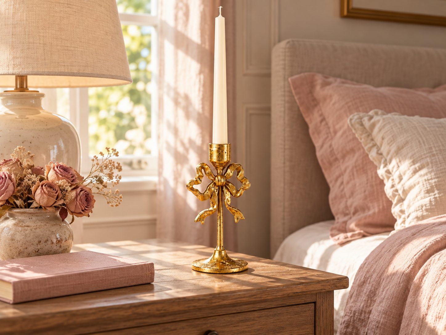 Bougeoir Nœud en métal sur une table de chevet dans une chambre rose