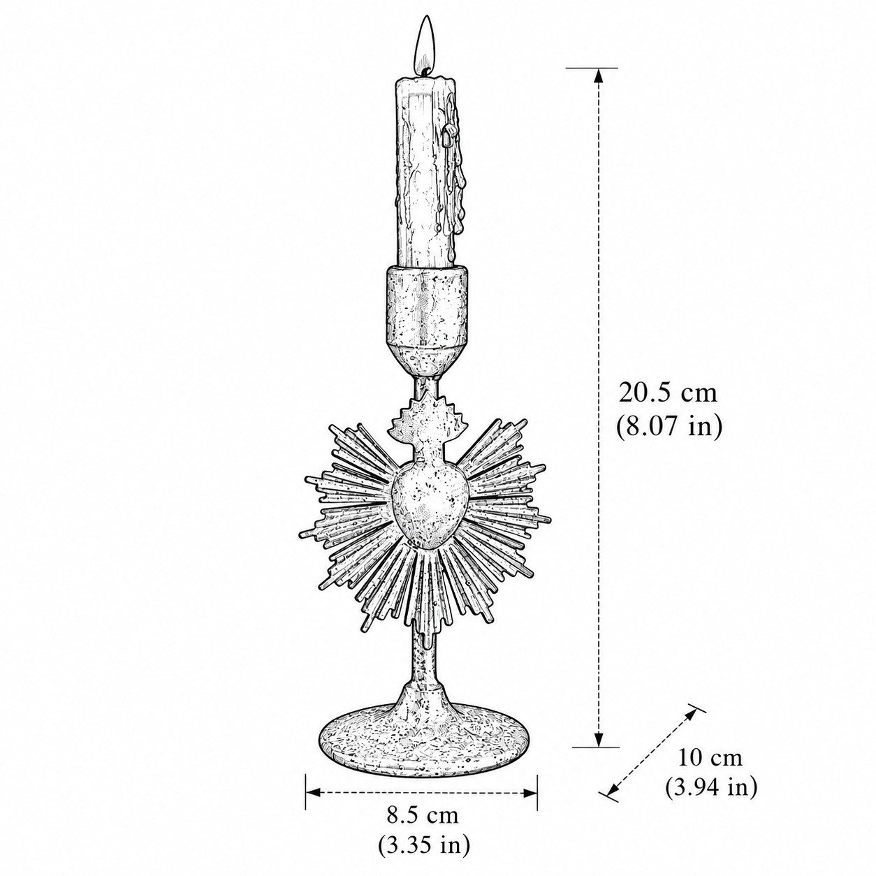Schéma du bougeoir Cœur Milagro : W8.5cm (3.35in) * H20.5cm (8.07in) * L10cm (3.94in)