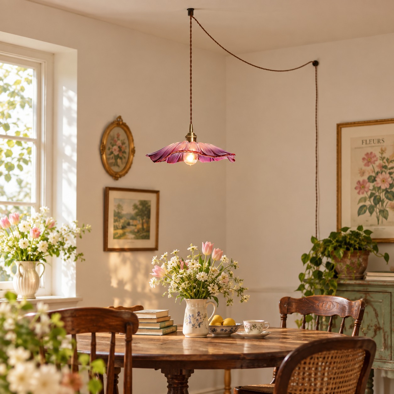 Petal Glass pendant over a round dining table