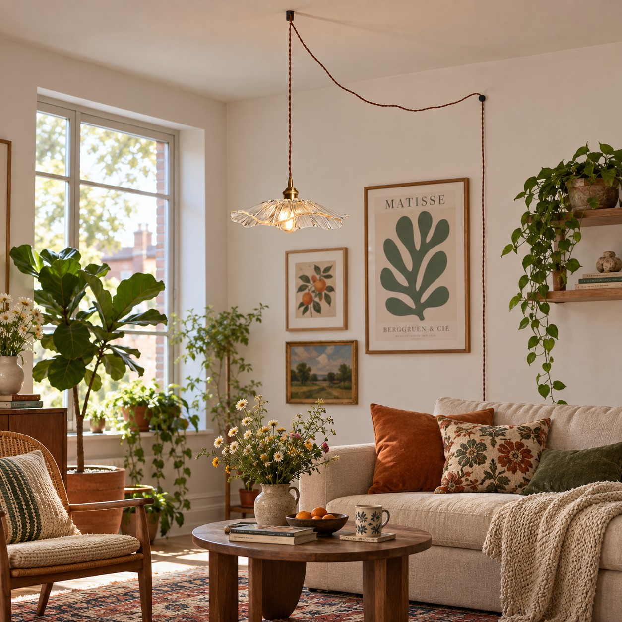 Petal Glass pendant over a living room coffee table