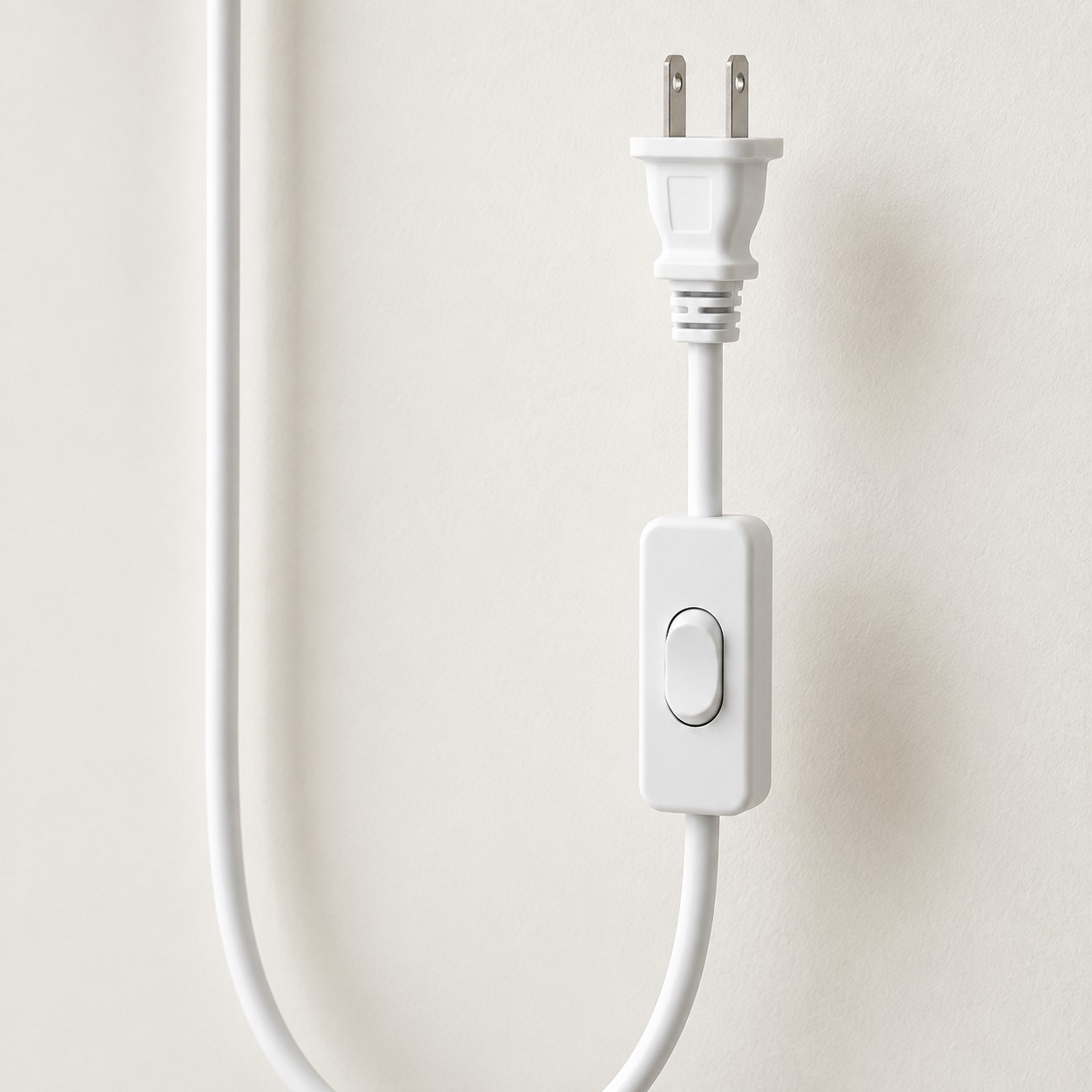 White power cord with a two-prong plug and an inline rocker switch
