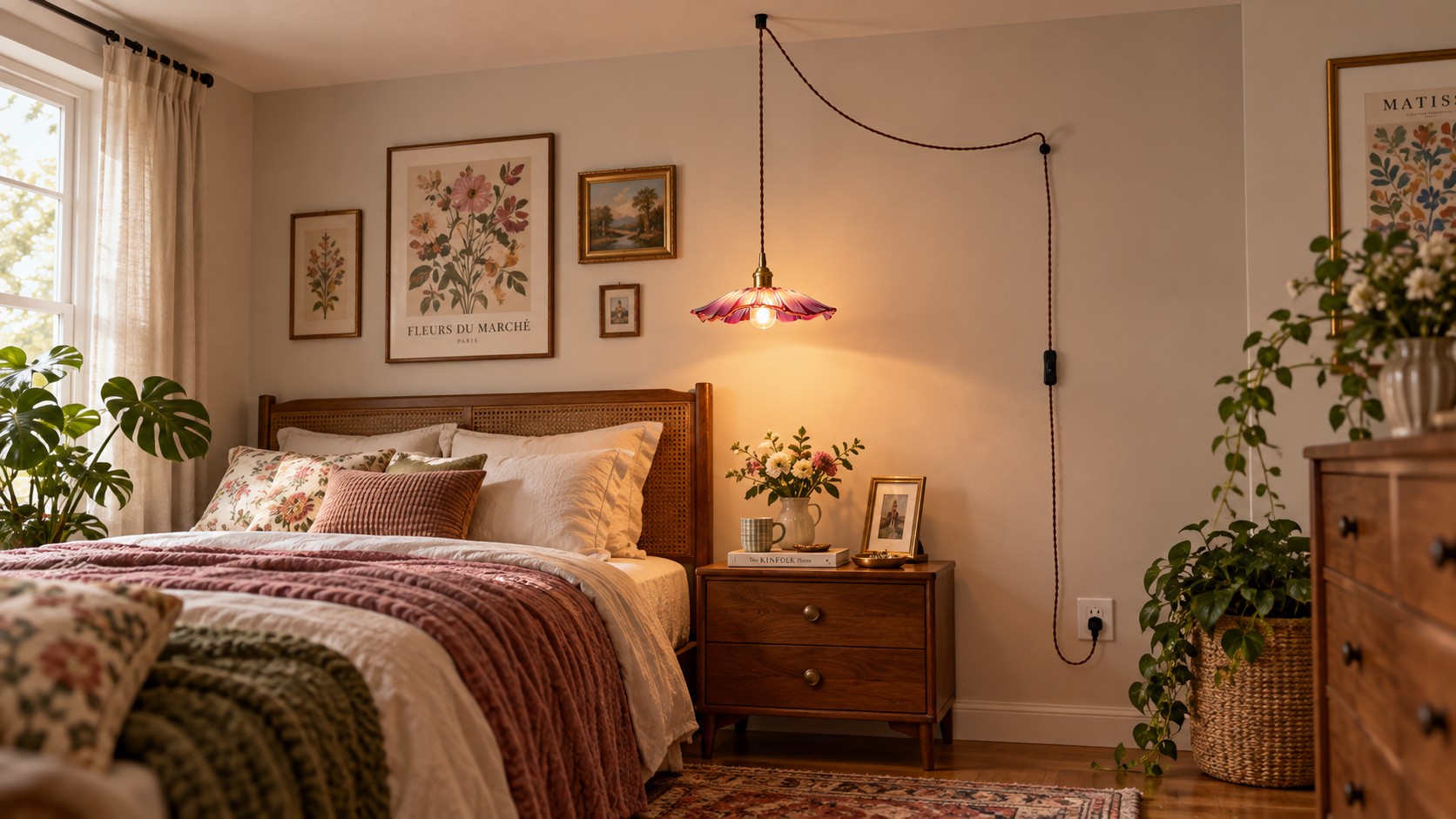 Petal Glass plug-in pendant hanging with fabric cord to the wall