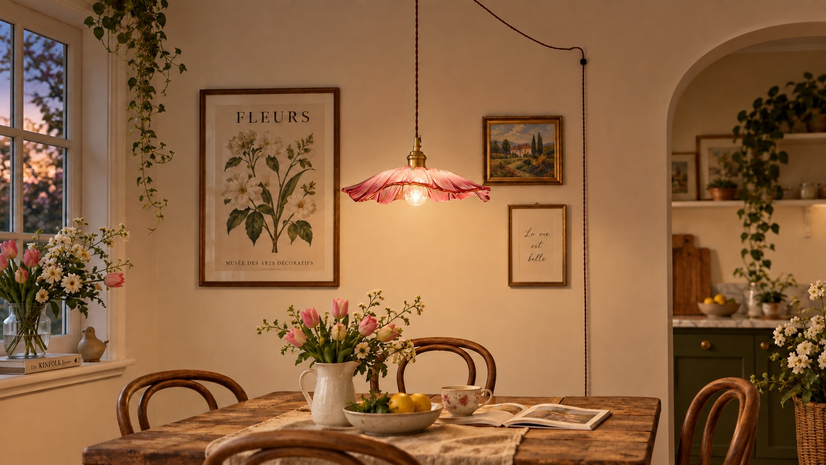 Petal Glass plug-in pendant glowing over a dining table