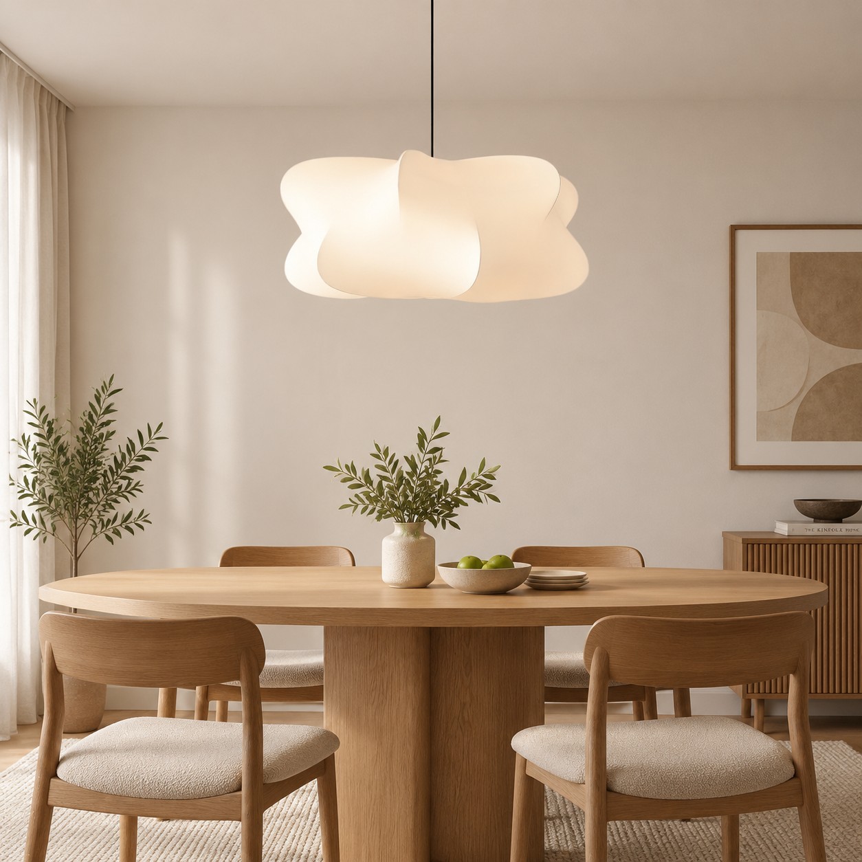 Sculptural pendant light styled in a dining room