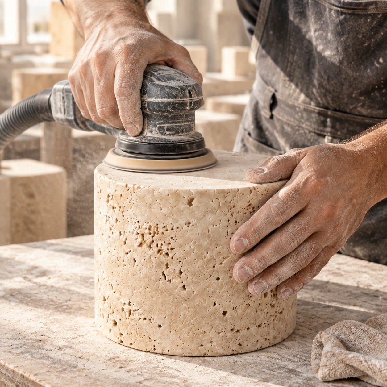 Travertine cylinder being sanded by hand