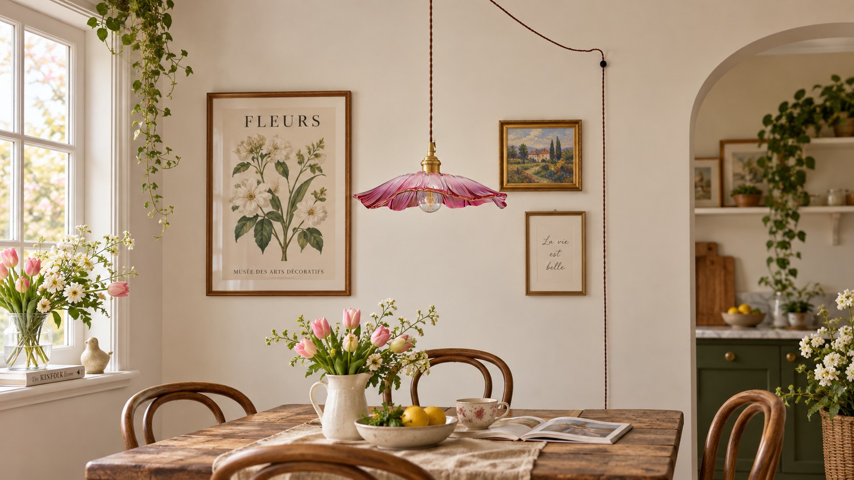 Petal Glass plug-in pendant over a dining table by day