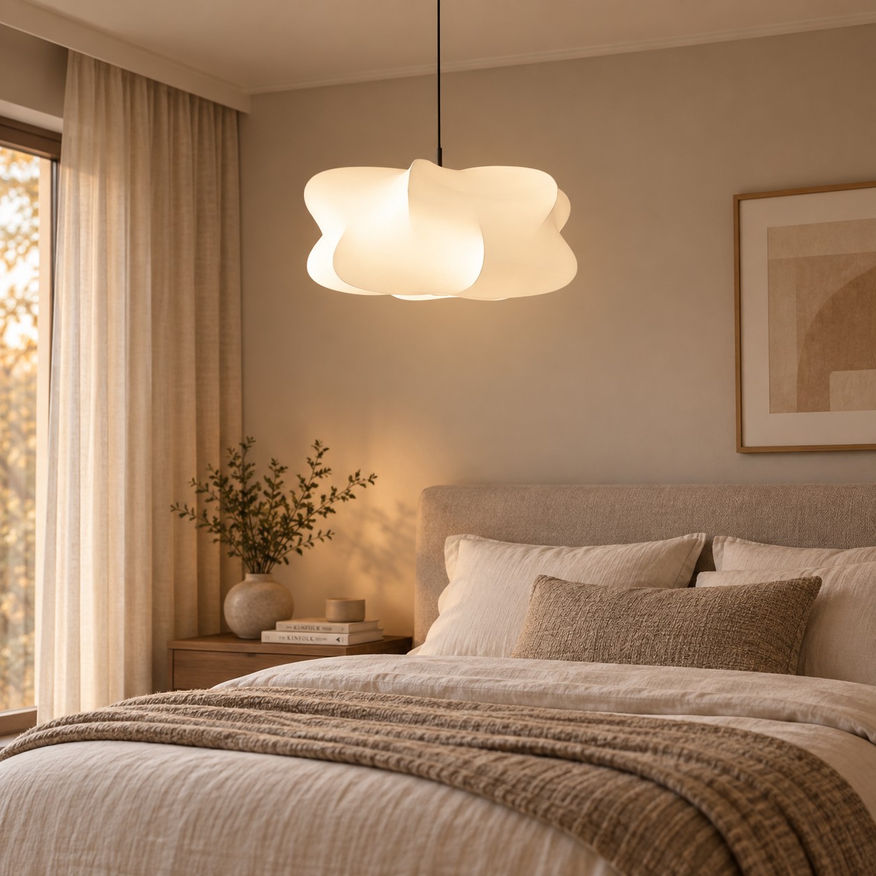 Sculptural pendant light styled in a bedroom