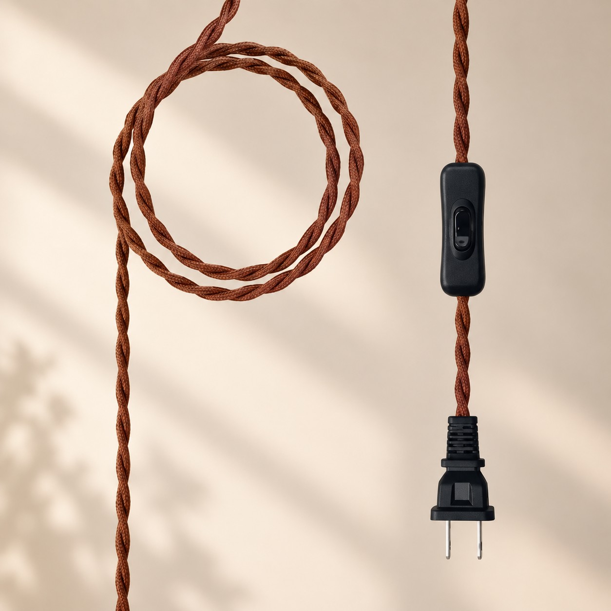 Braided fabric cord with in-line switch and plug
