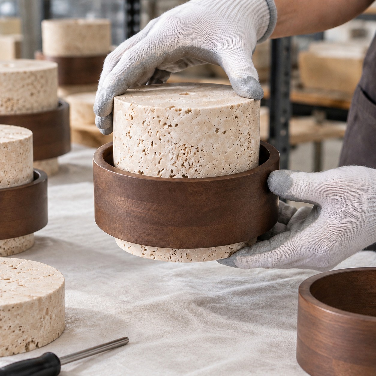 Travertine cylinder being fitted into a walnut ring