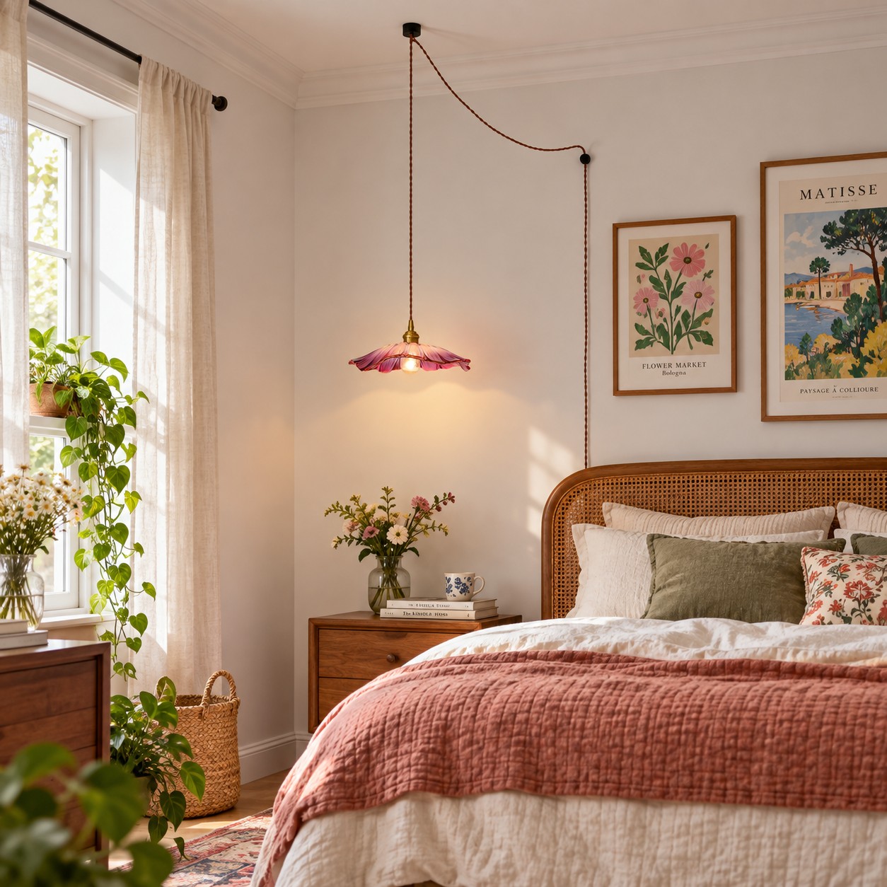 Petal Glass pendant above a bedroom nightstand