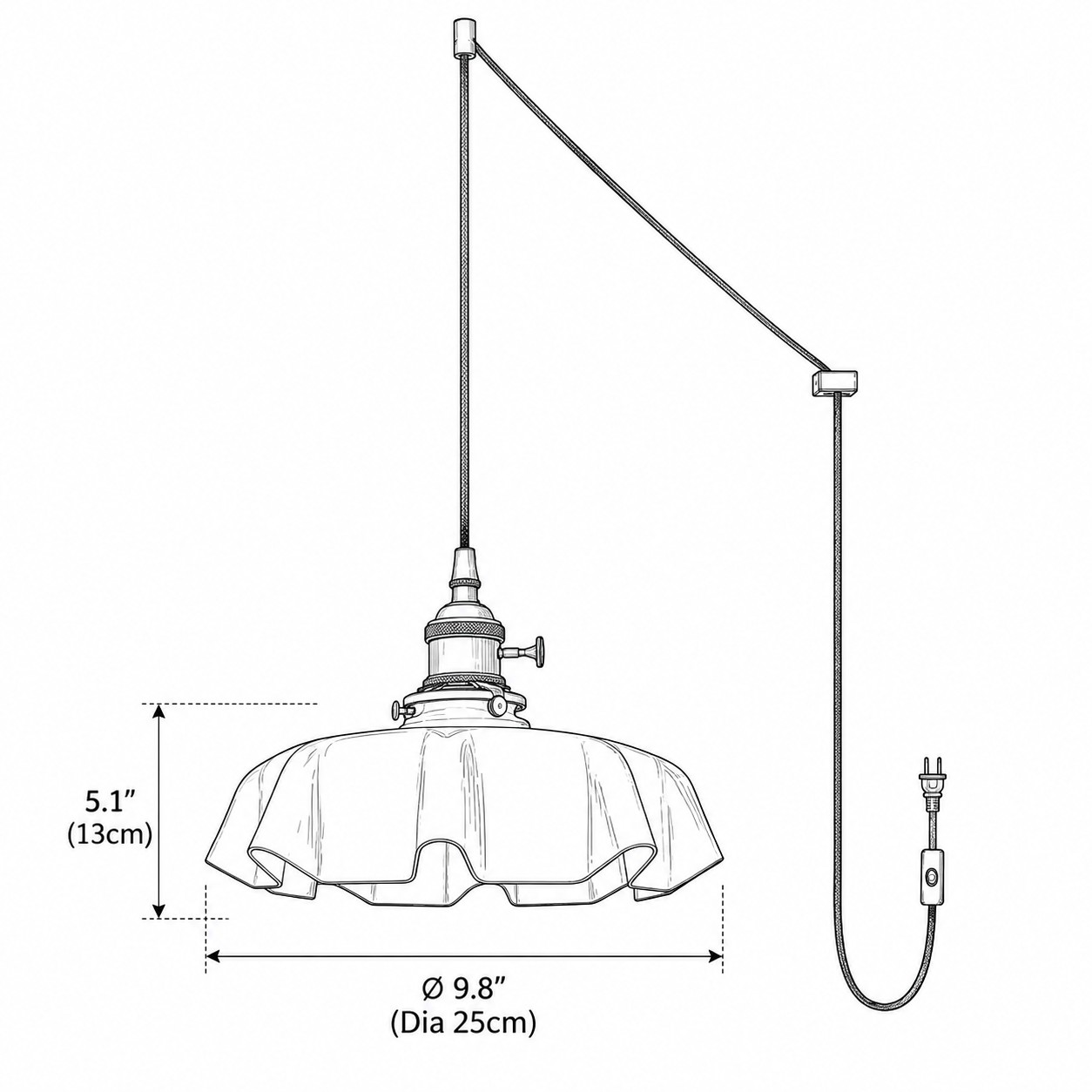 Dimension drawing showing a 25 centimeter diameter and 13 centimeter shade height