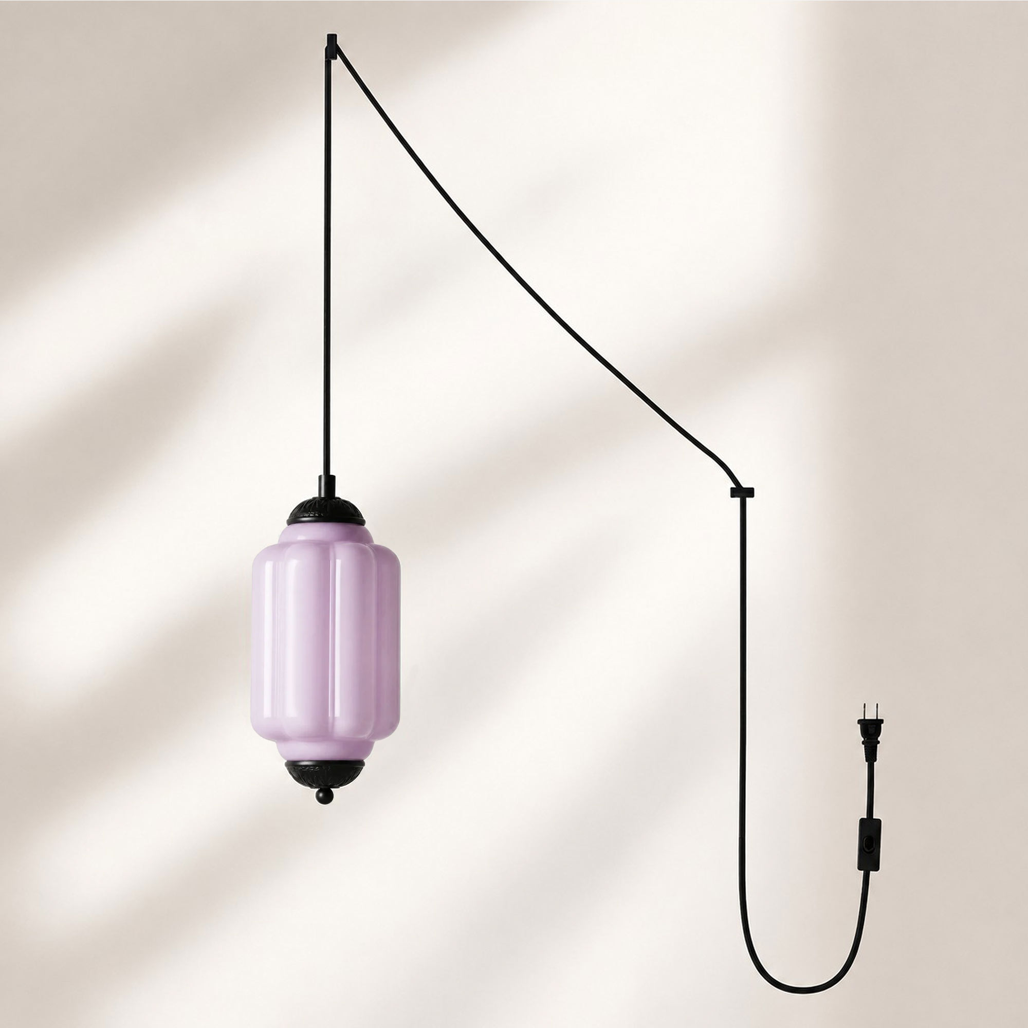 Black finish pendant with lavender glass shade