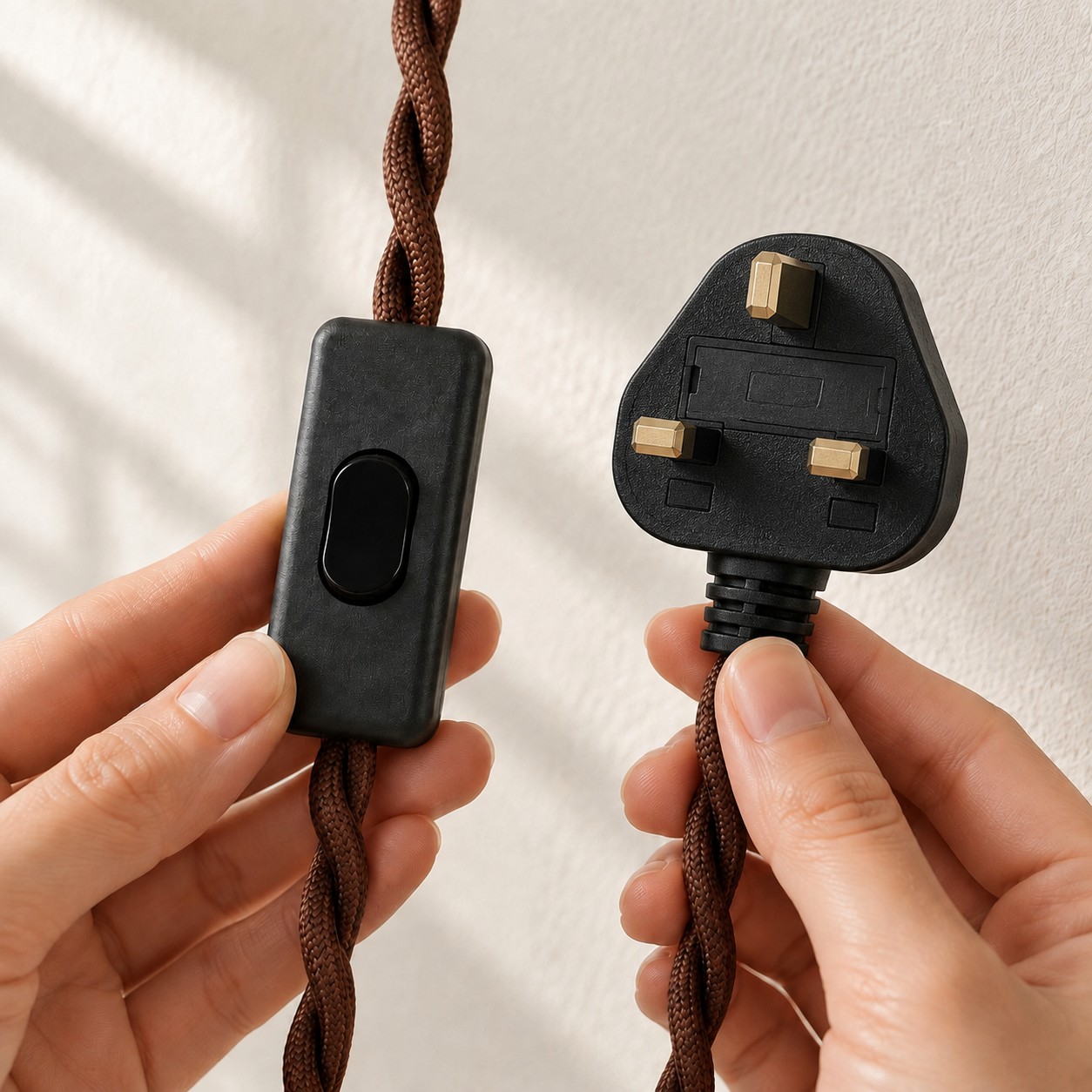 UK three-prong plug and in-line switch on the brown braided cord