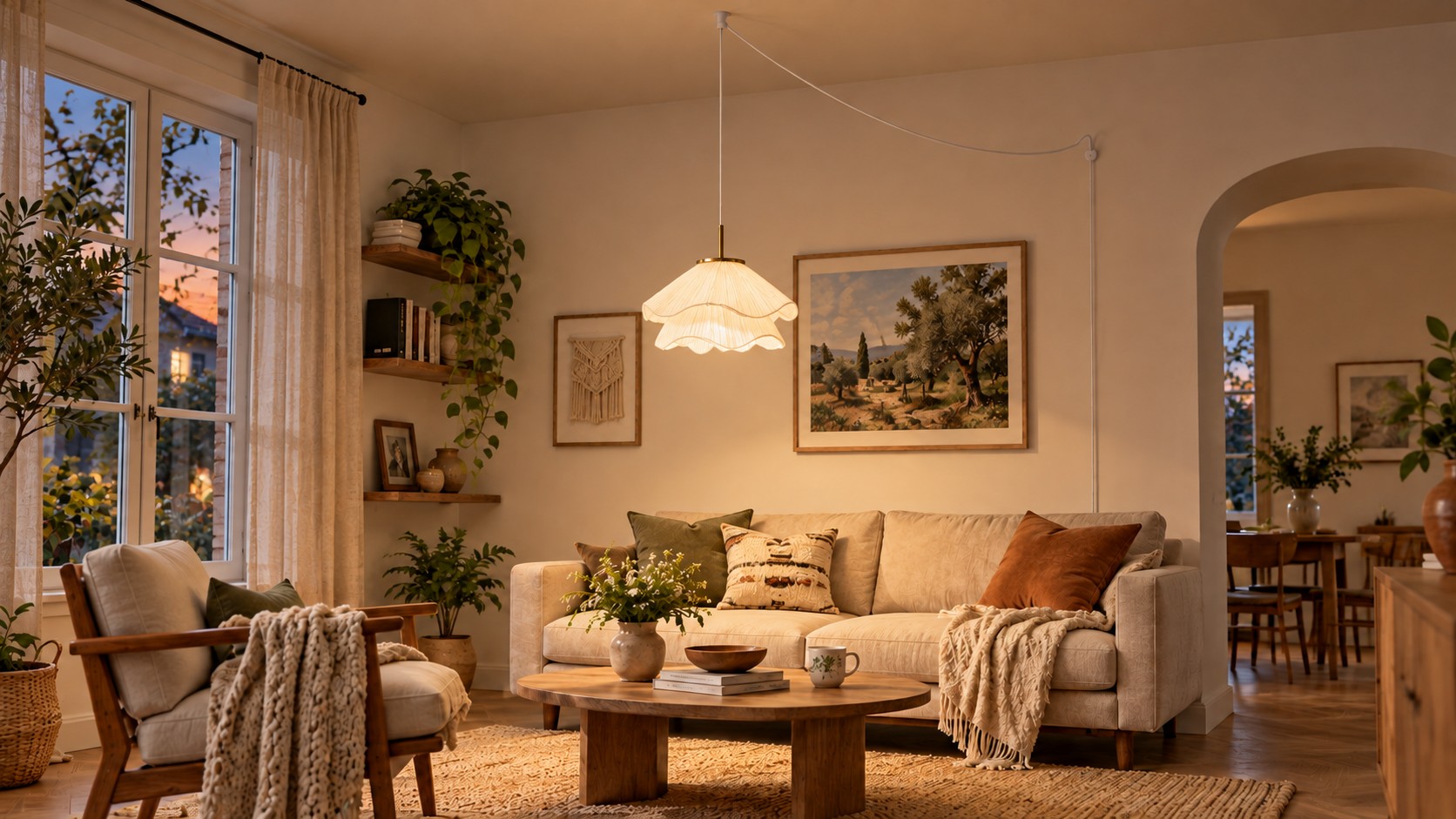 Ethereal Bloom plug-in pendant over a living room coffee table, light off
