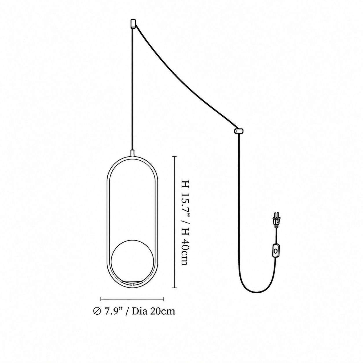 Oval · 20 × 40 cm dimension diagram