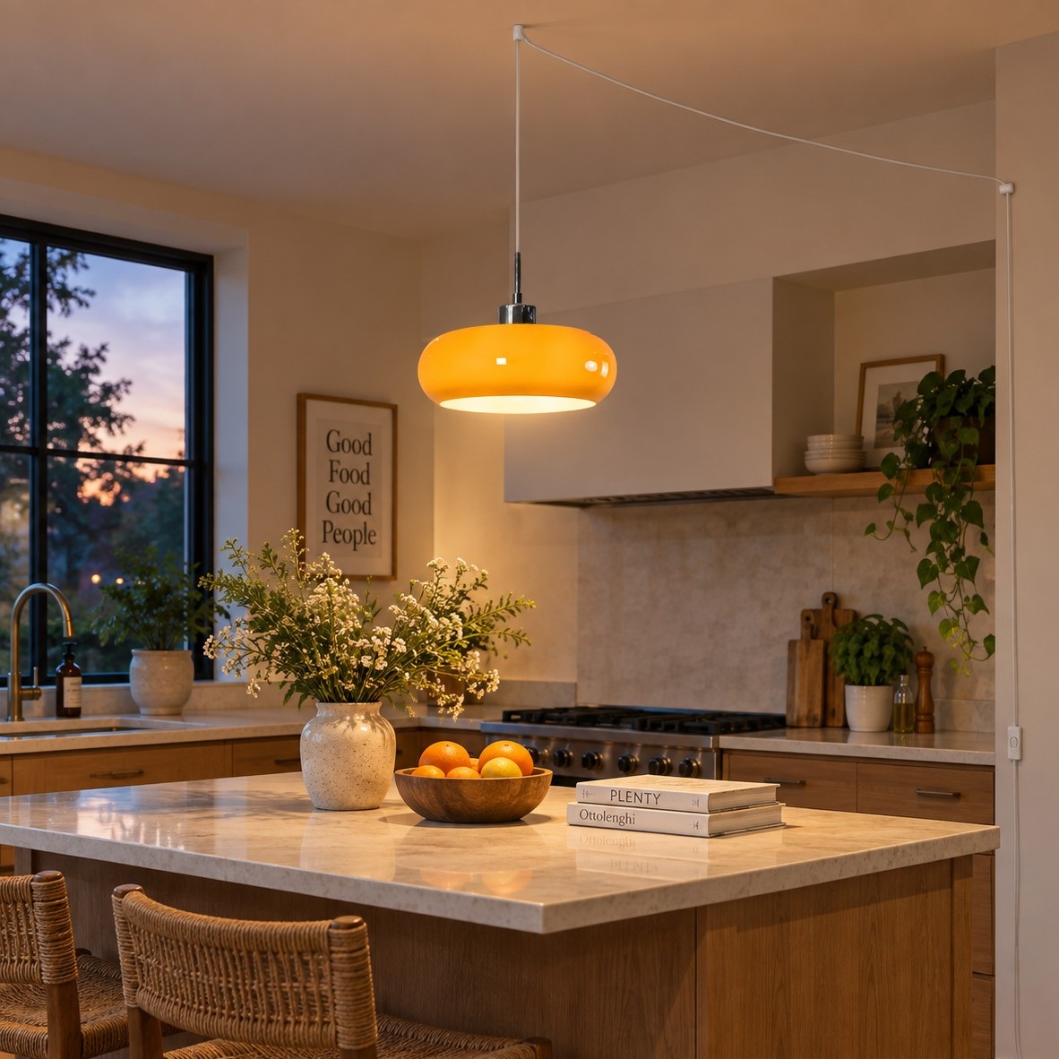 Orange Potivus pendant above a kitchen island