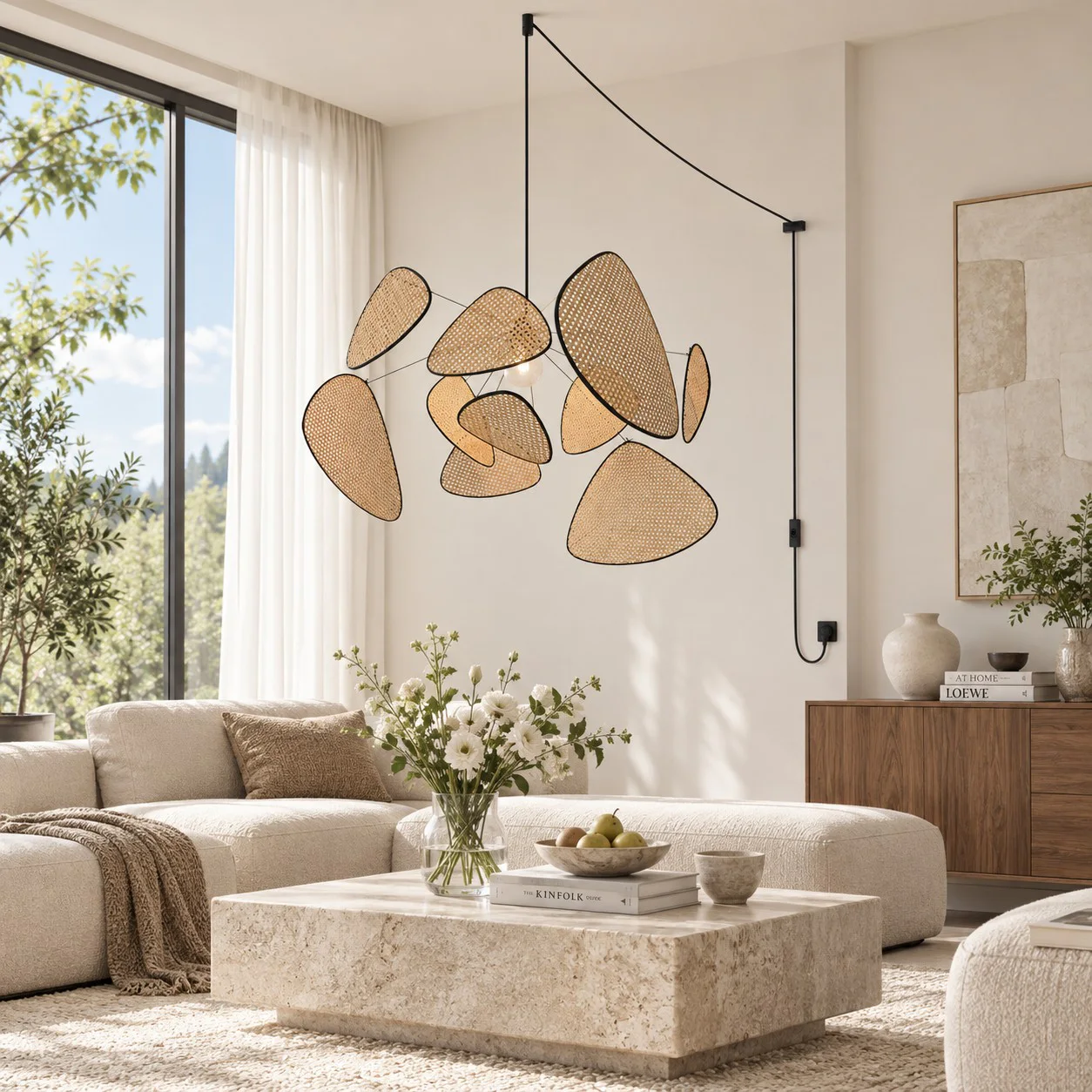 Layered bamboo chandelier in a neutral living room