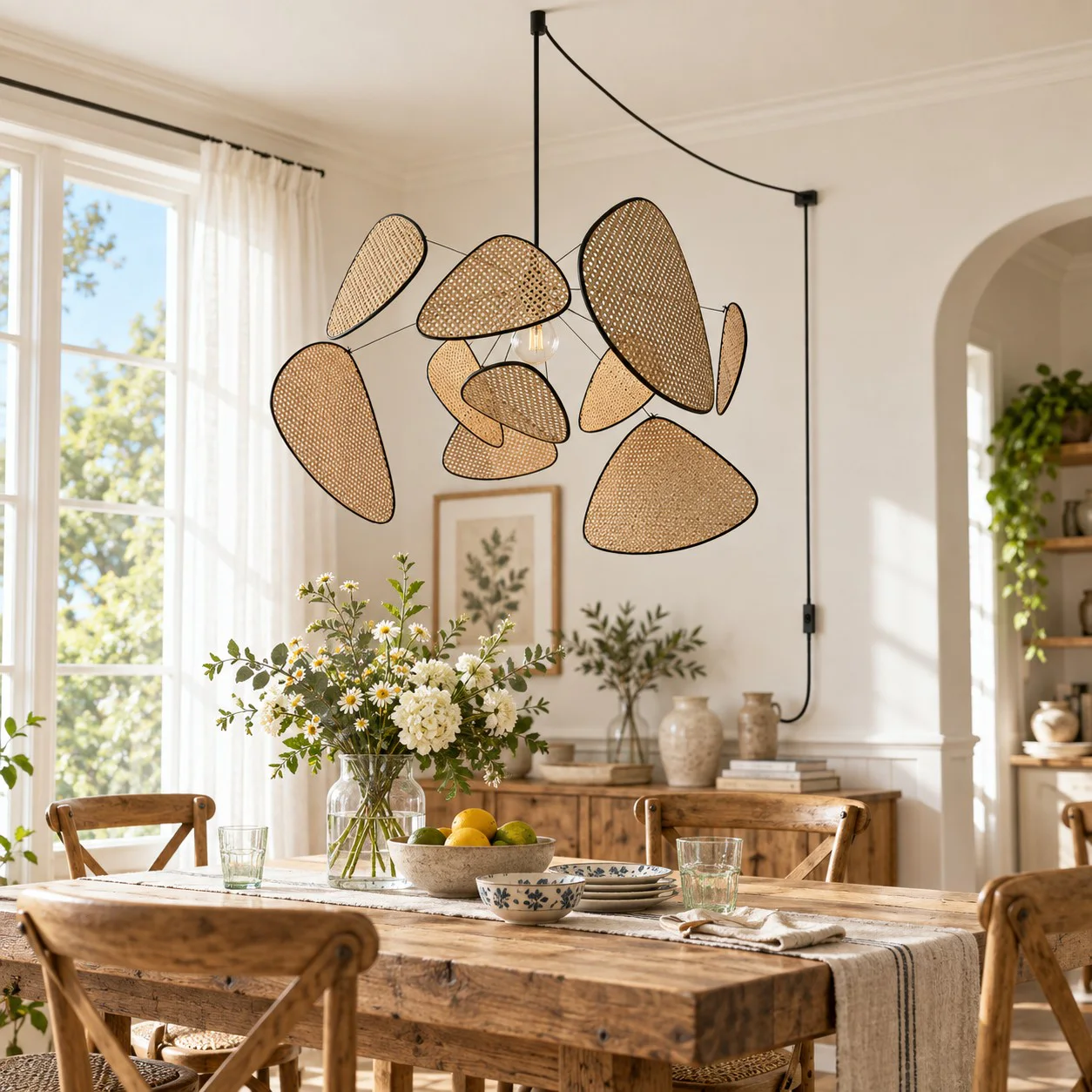 Layered bamboo chandelier unlit in a bright dining room