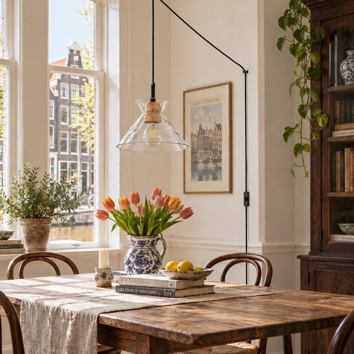Style B ripple glass pendant above a dining table