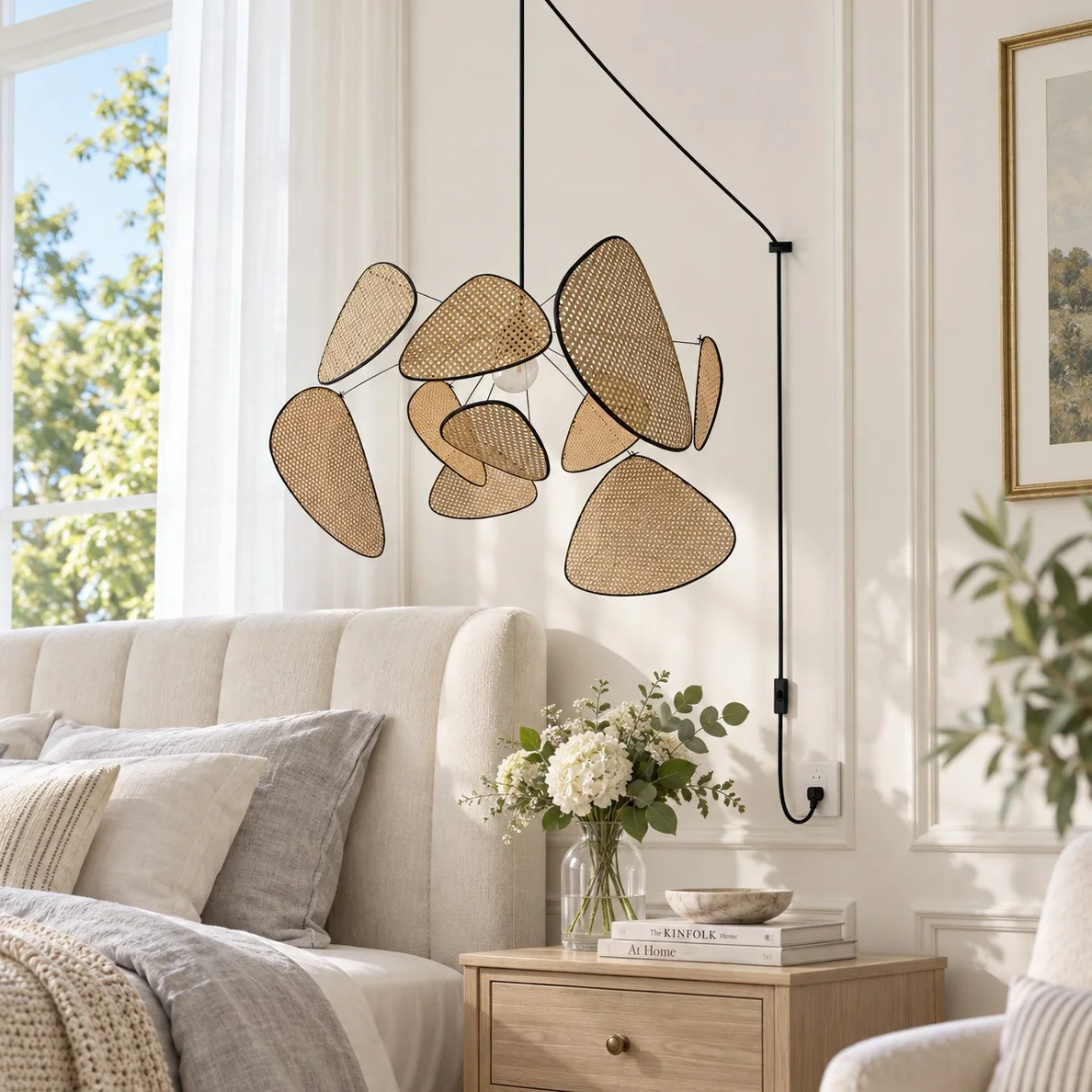 Layered bamboo chandelier beside a softly furnished bed