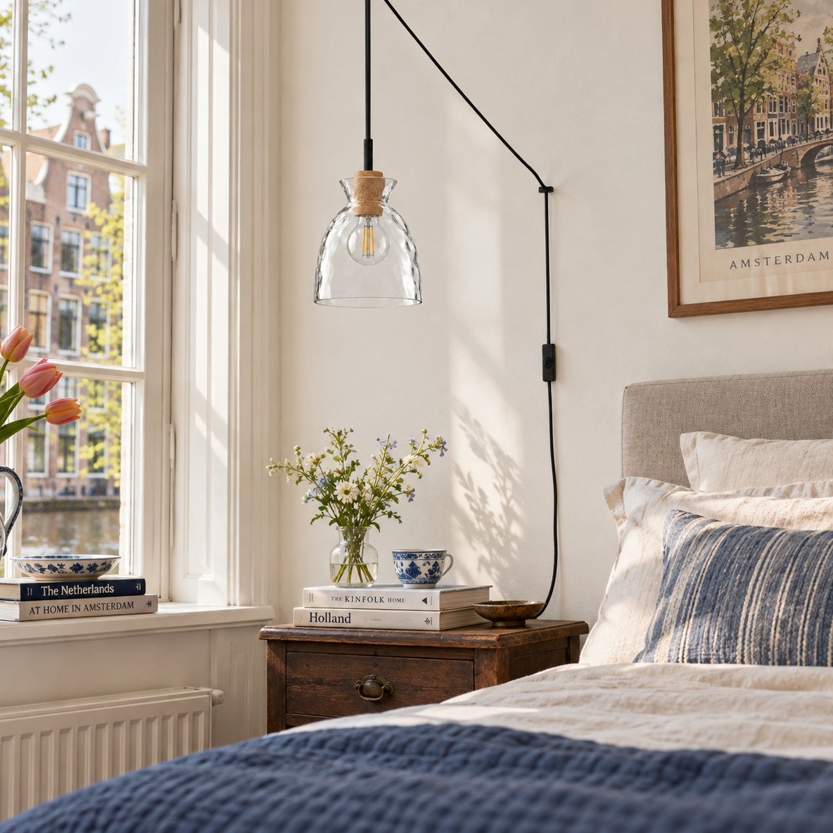Style A ripple glass pendant beside a bed