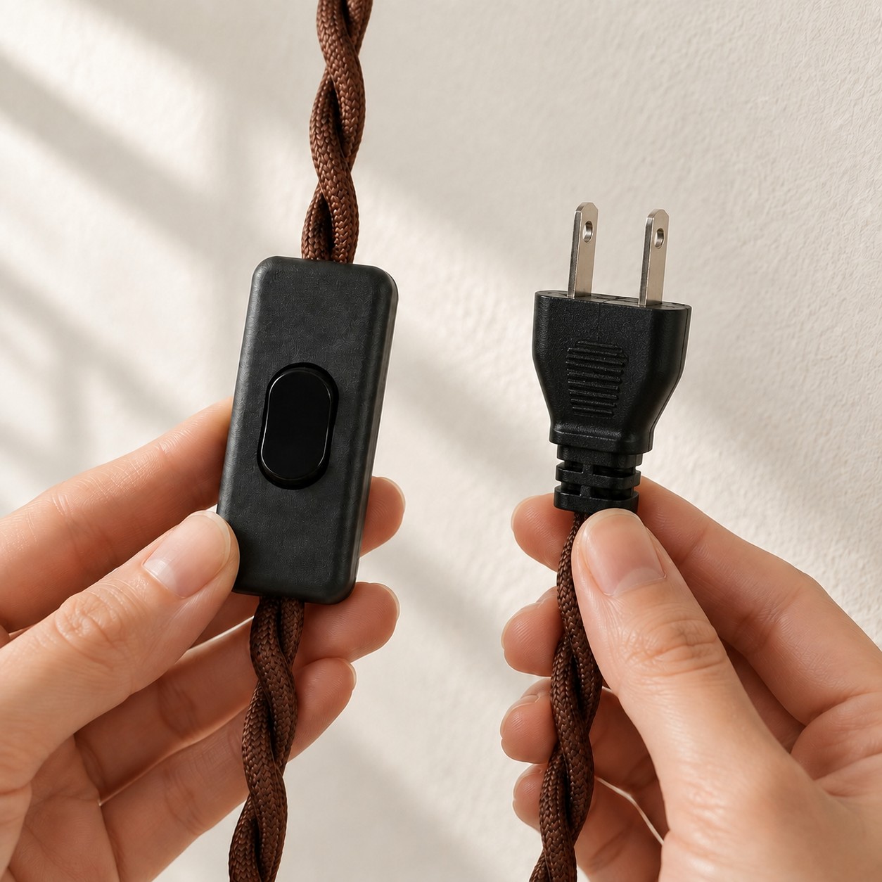 US two-prong plug and in-line switch on the brown braided cord