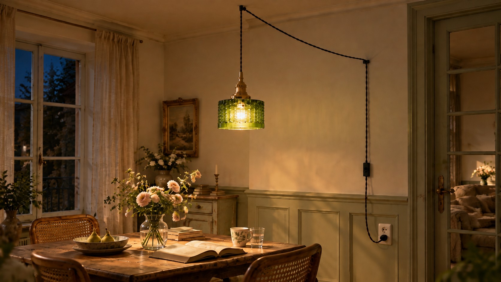 Cavella green glass pendant glowing warmly in the same living room