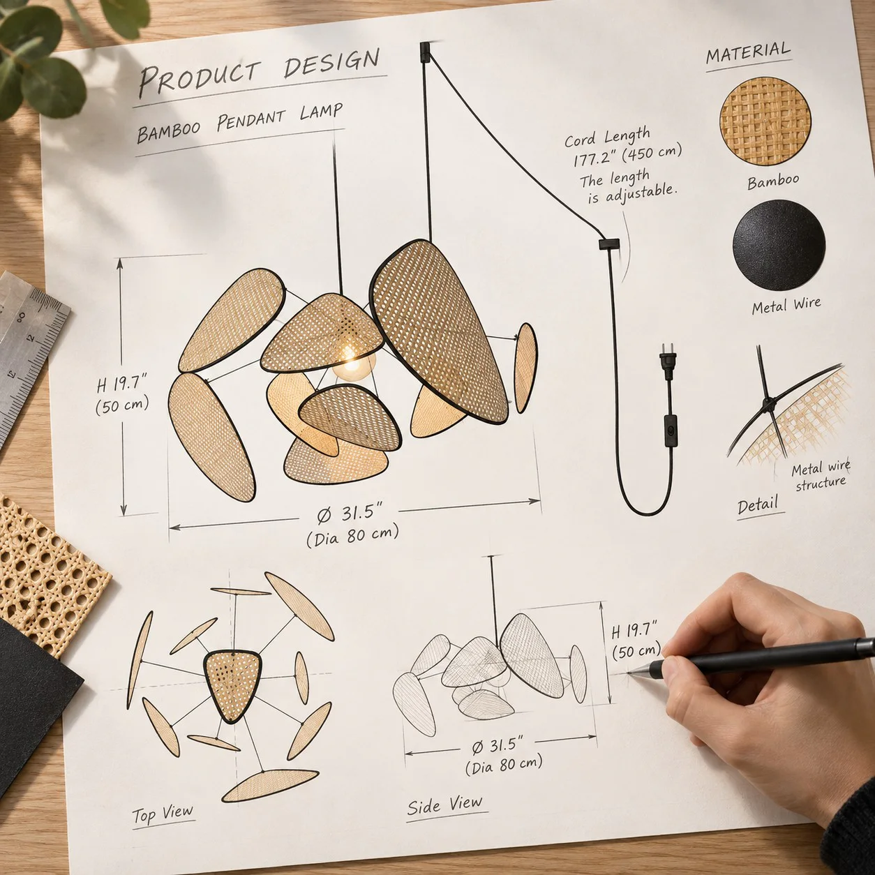 Product design board showing bamboo, metal structure, adjustable cord and chandelier views