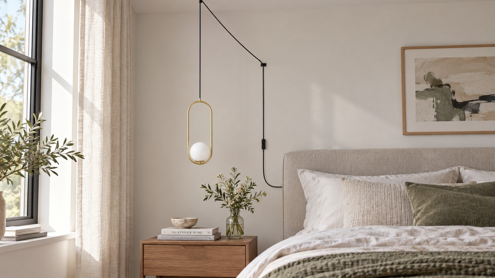 Glass sphere pendant in a bedroom with the light off