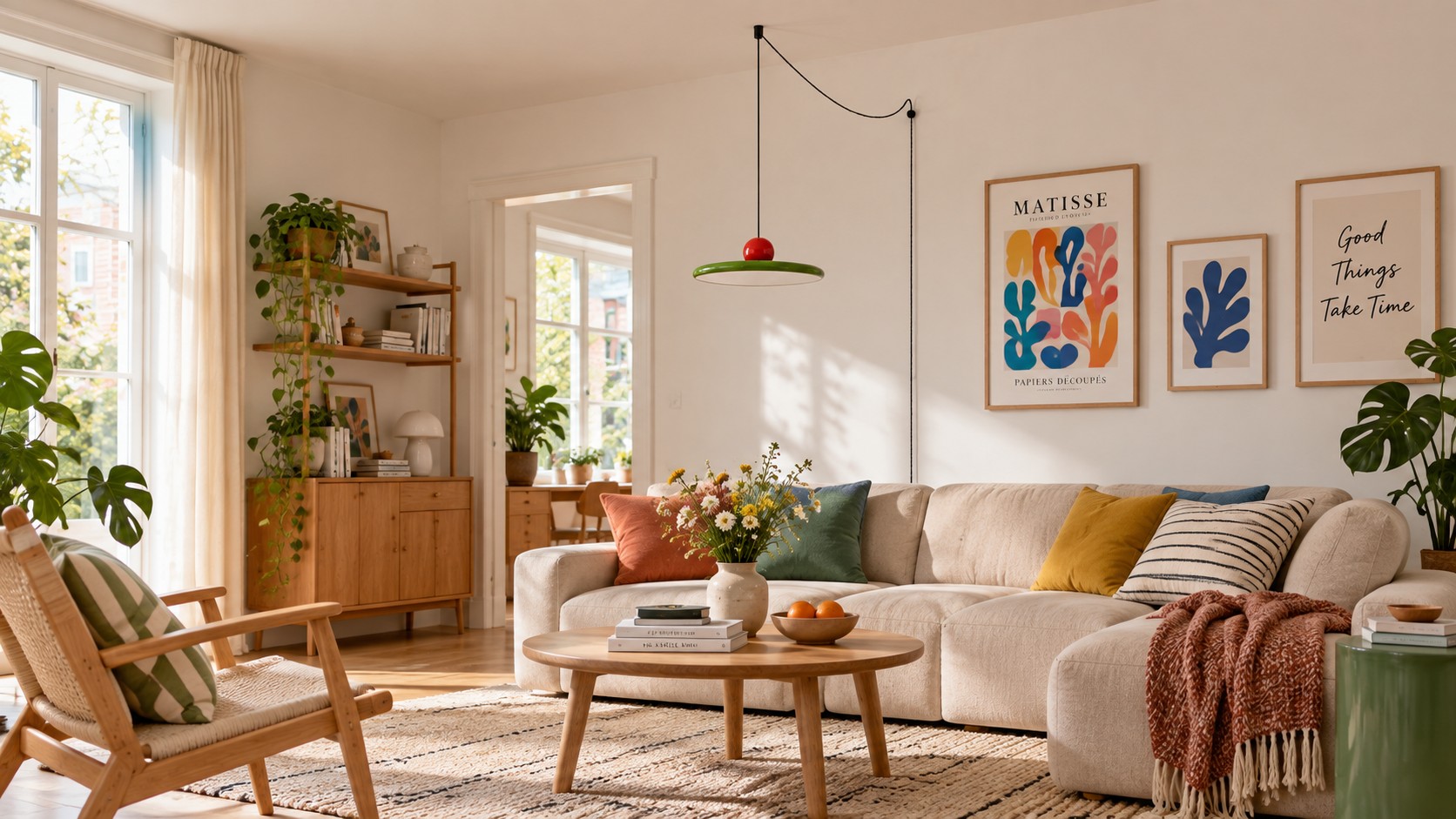 Lola pendant swag light glowing over a dining table