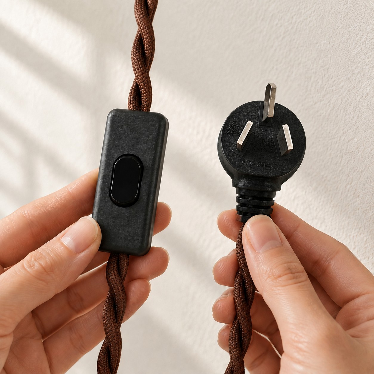 AU angled three-prong plug and in-line switch on the brown braided cord